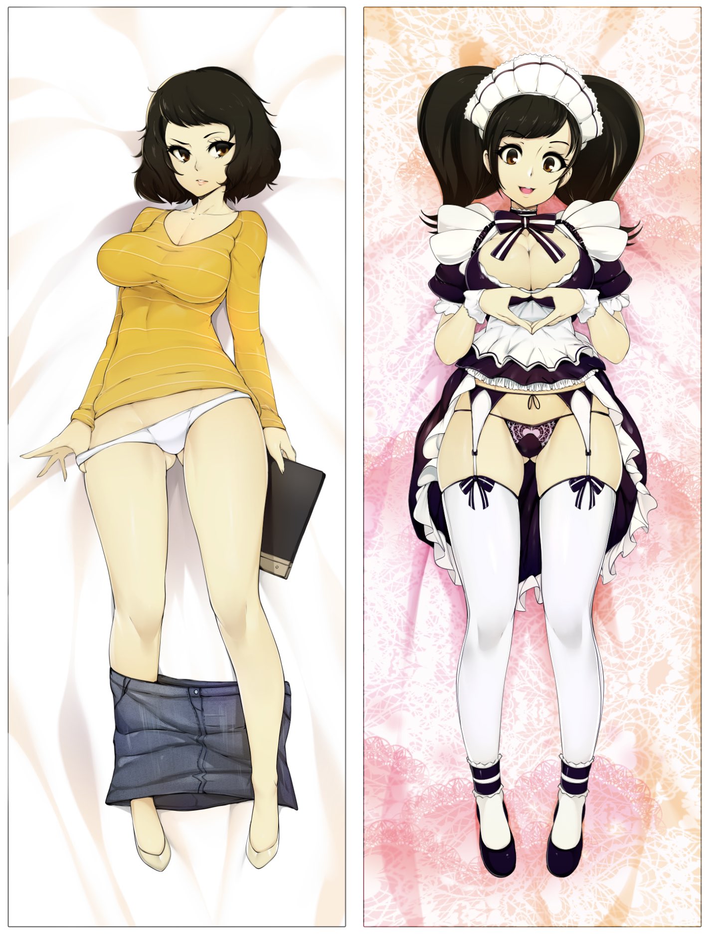 1girls, above view, becky (persona), black eyes, black hair, book, breasts, brown hair, cleavage, clothed, clothing, dakimakura, female, female only, hair, heart, maid, maid uniform, medium hair, megami tensei, pale skin, panties, persona, persona 5, sadayo kawakami, shirt, slugbox, thighhighs, twintails, undressing, wide hips
