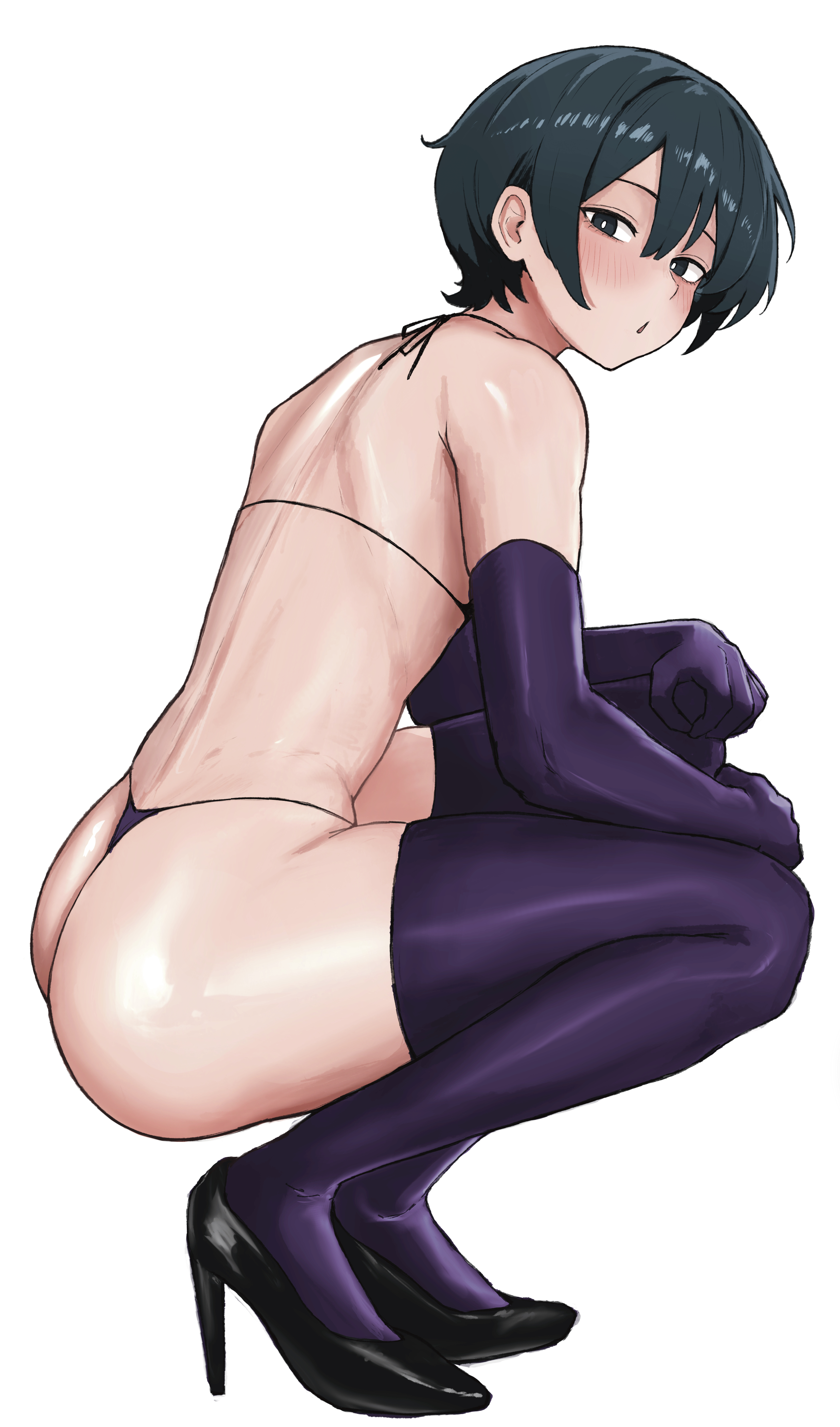 1boy, bikini, bikini bottom, bikini top, crossdressing, crouching, elbow gloves, femboy, footwear, gloves, high heels, male, male only, miya nns35, shoes, solo, solo male, squatting, thigh highs, thighhighs, thong
