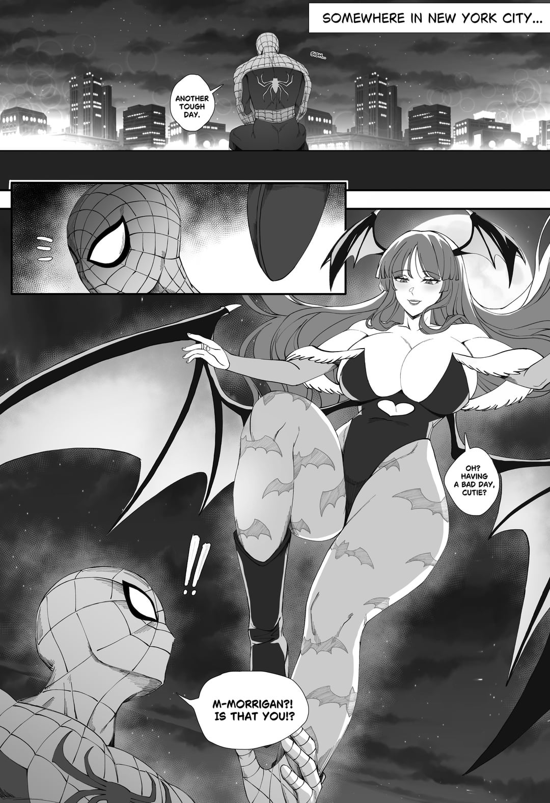 1boy, 1boy1girl, 1girls, big ass, big breasts, big thighs, breasts, breasts bigger than head, bust, busty, capcom, chest, city, crossover, curvaceous, curvy, curvy figure, darkstalkers, demon, digital media (artwork), duo, eastern and western character, female, green hair, hips, hourglass figure, huge ass, huge breasts, huge thighs, humanoid, large ass, large breasts, large thighs, legs, male, male/female, marvel, marvel comics, marvel vs. capcom, mature, mature female, mature male, morrigan aensland, peter parker, ryuukusnpaiarts, slim waist, spider-man, spider-man (series), straight, succubus, thick, thick hips, thick legs, thick thighs, thighs, voluptuous, waist, wide hips
