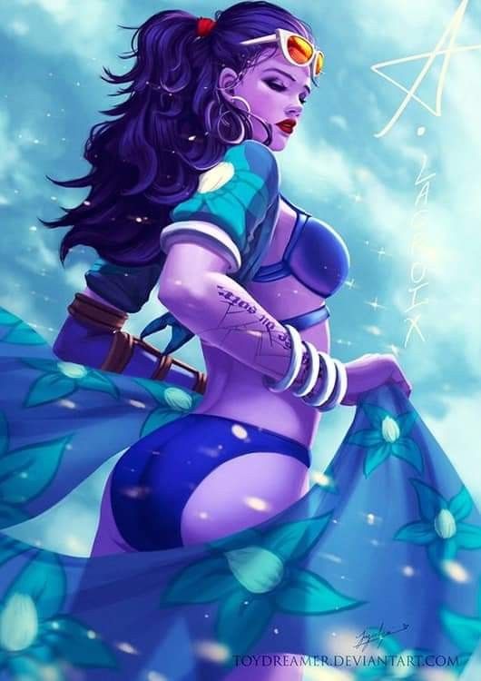 1girls, alternate costume, ass, beach, bikini, blue hair, blue skin, cote d'azur widowmaker, female, looking back, overwatch, solo, toydreamer, widowmaker