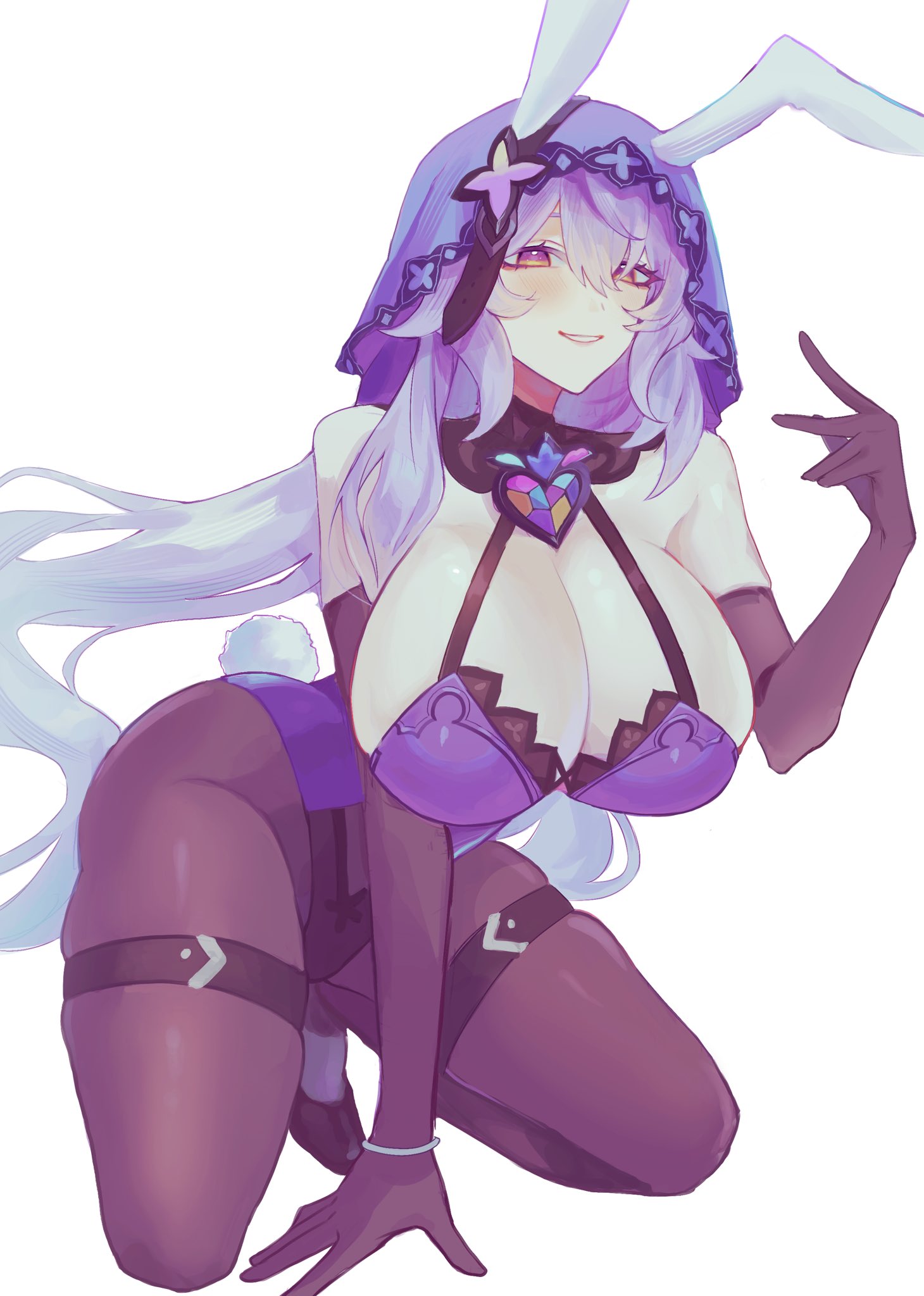 adapted costume, black pantyhose, black swan (honkai: star rail), breasts, cleavage, commentary, commentary request, elbow gloves, english commentary, female, gloves, gnu36, highres, honkai (series), honkai: star rail, large breasts, leotard, long hair, looking at viewer, mixed-language commentary, multicolored eyes, pantyhose, parted lips, purple gloves, purple hair, purple leotard, purple veil, seiza, simple background, sitting, solo, two-tone eyes, veil, very long hair, white background