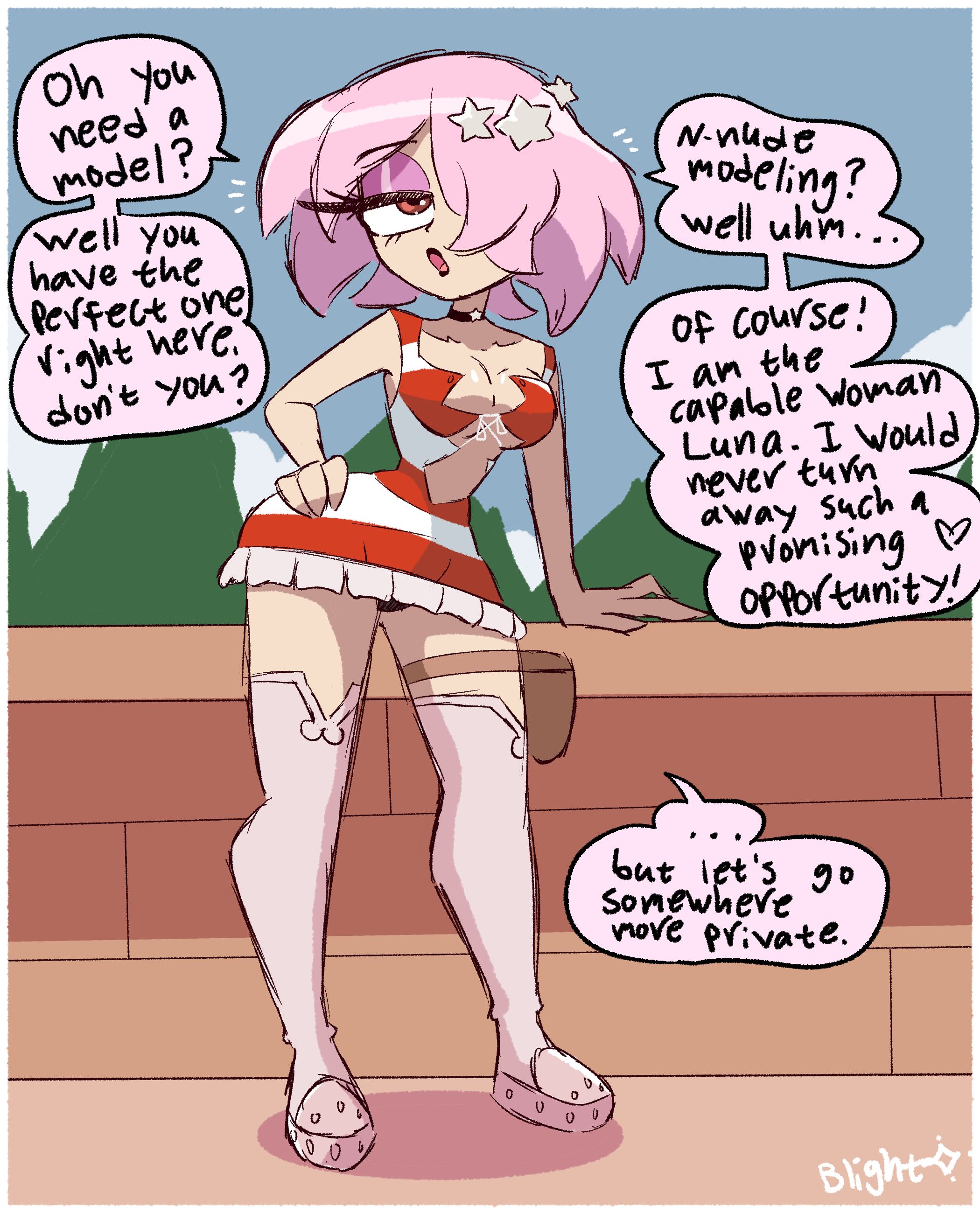 1girls, blightstar, breasts, choker, cleavage, clothed, dialogue, dr.stone, dress, english text, eyeshadow, hair ornament, hair over one eye, leaning, leaning on railing, luna wright, open mouth, outdoors, panty peek, pink hair, propositioning, ship deck, short dress, sideboob, solo, speech bubble, spoken heart, standing, striped dress, tagme, talking to viewer, text, thighhighs, underboob