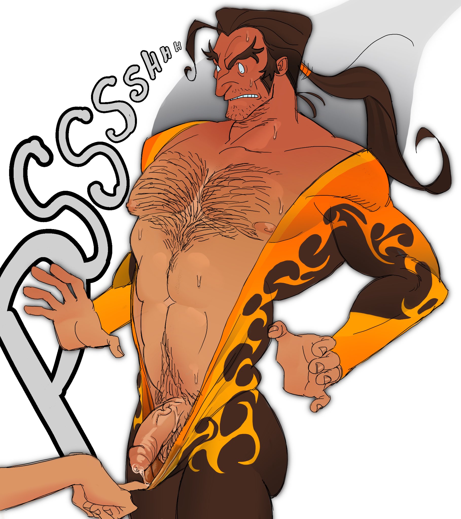 big pecs, big penis, chest hair, clothes pull, cock, dick, dispatch (game), exposed cock, exposing, exposure, flambae, gay, hairy, hairy chest, male, male only, muscular, muscular male, penis, ponytail, precum, spidoznick, veiny, veiny penis