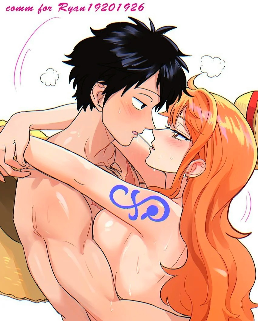 1boy, 1girls, abs, arm tattoo, big breasts, black hair, black-haired male, blue tattoo, busty, curvy, curvy female, female, hug, male, male/female, monkey d luffy, nami (one piece), nude, one piece, orange hair, orange-haired female, ritayaart1, tattoo