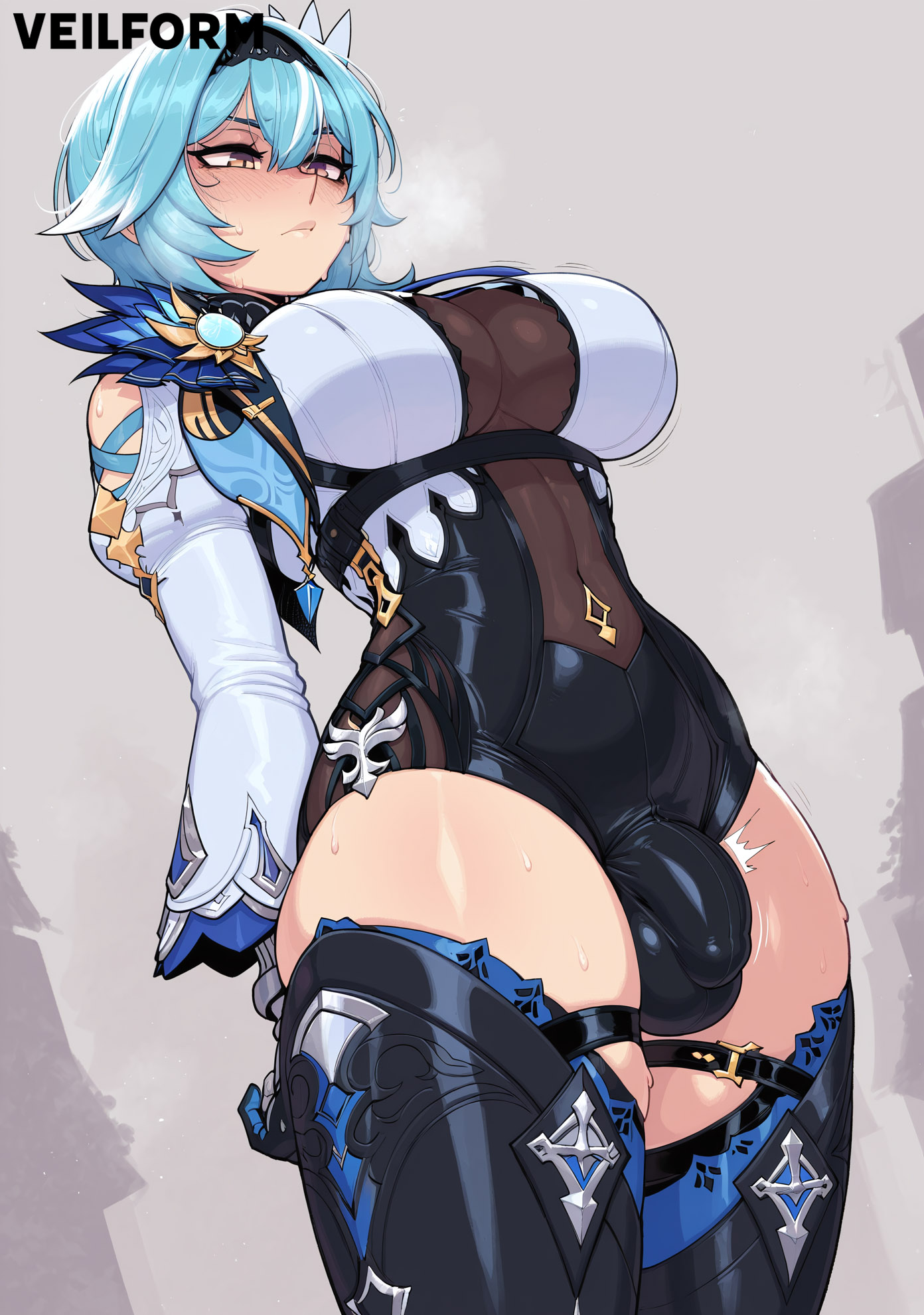 ai generated, blush, bulge, bulge under clothes, eula (genshin impact), flaccid, flaccid penis, futanari, genshin impact, holding erection, navel, penis, penis bulge, testicles, veilform