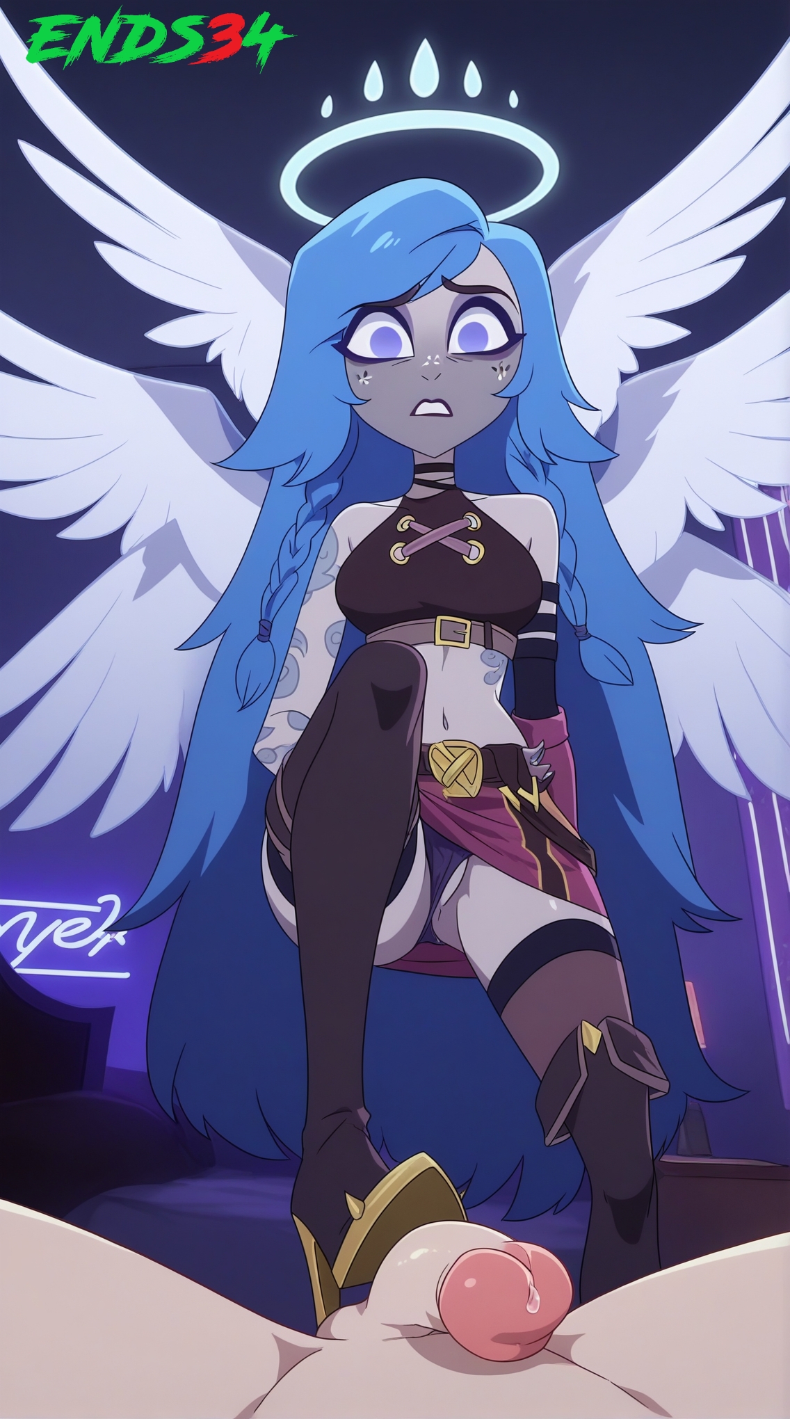 2025, ai generated, cosplay, emily (hazbin hotel), ends34, female, female focus, footjob, hazbin hotel, jinx (league of legends), legjob, male, masturbation, penis