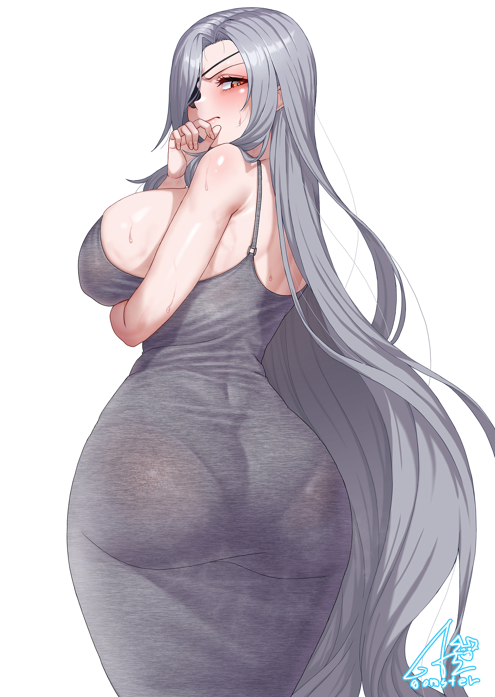 ass, ass focus, back, breasts, cleavage, commentary, dongtan dress, dress, english commentary, eyepatch, female, from behind, gonster, grey dress, grey hair, highres, huge ass, large breasts, last origin, lemonade gamma, long hair, looking at viewer, looking back, pantylines, red eyes, simple background, solo, taut clothes, taut dress, tight clothes, tight dress, very long hair, white background