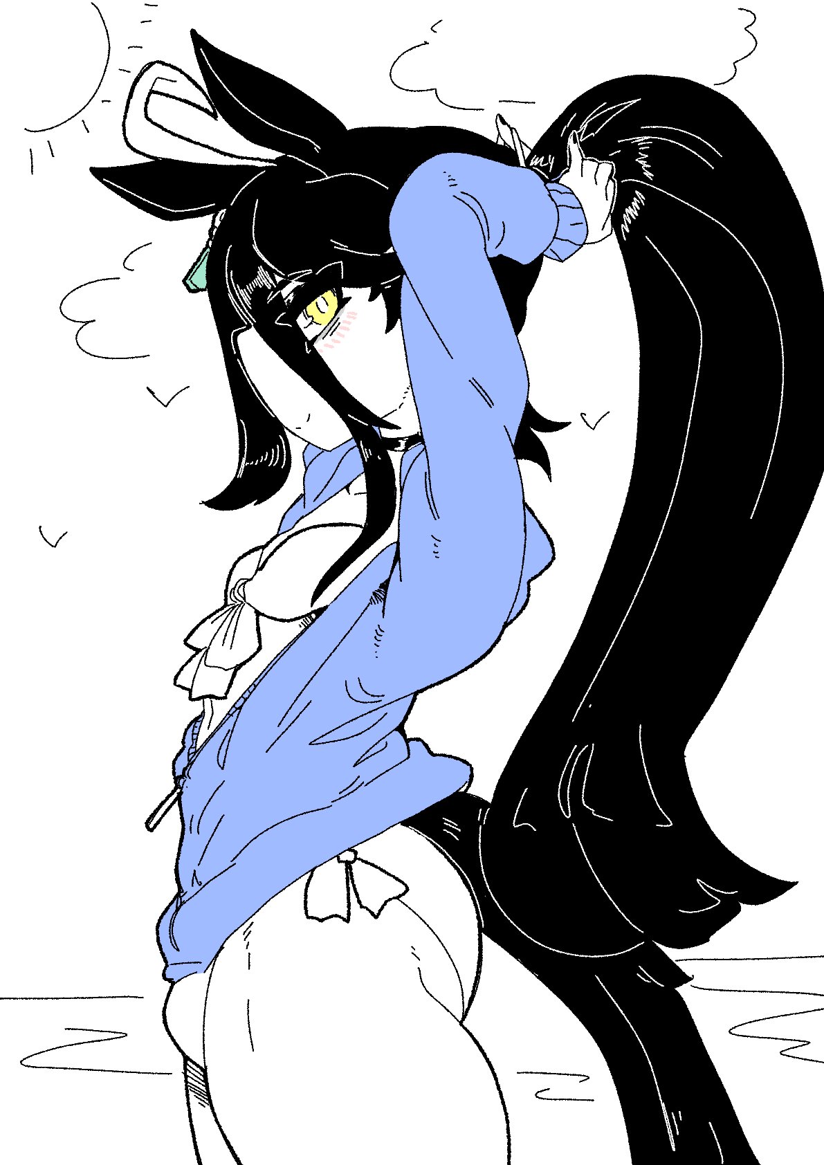 1futa, ahoge, big ass, bikini, black hair, bottom heavy, bulge through clothing, female focus, flat chest, futanari, gcfmug, horse ears, horse girl, long hair, looking at viewer, manhattan cafe (umamusume), mostly clothed, ponytail, side view, solo female, swimsuit, thick thighs, toned female, umamusume, umamusume pretty derby, yellow eyes