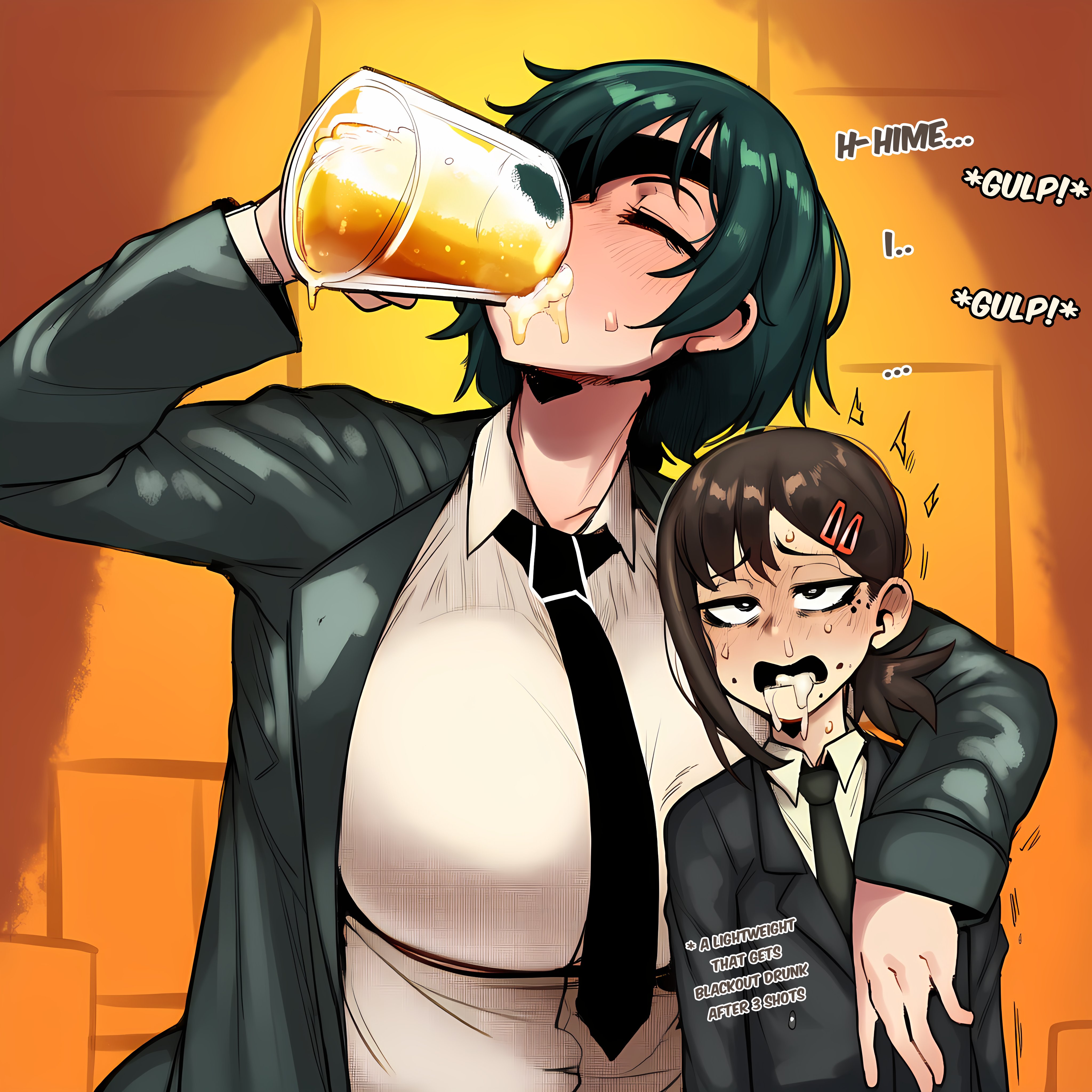 ai generated, beer, big breasts, black eyes, black hair, black patch, black suit, blush, blushing female, brown hair, chainsaw man, dizzy eyes, donbeboys, drunk, drunk female, drunk sex, futa on futa, futanari, higashiyama kobeni, himeno (chainsaw man), small breasts, surprised expression, swallowing, two girls, yuri