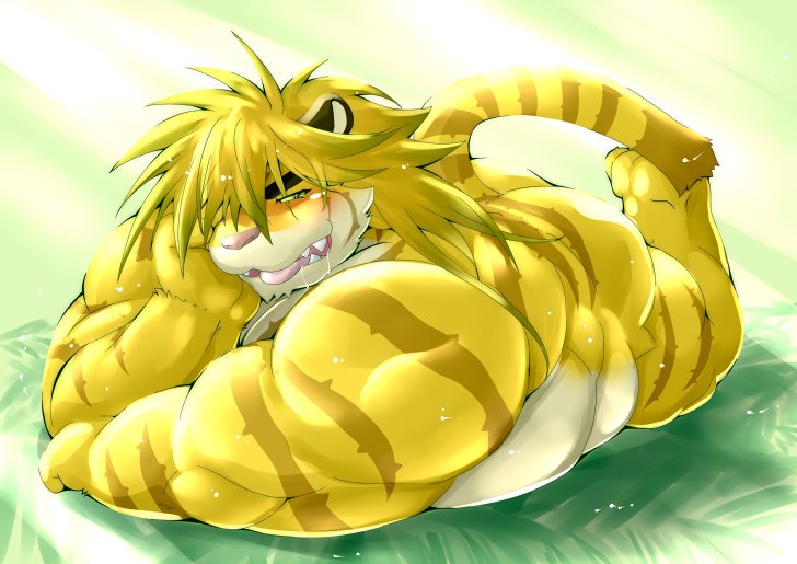 blush drooling felid fur hair long_hair macan_(tokyo_afterschool_summoners) magan male male_only mammal muscular muscular_male nude pantherine pecs saliva solo_male striped_fur stripes tiger tokyo_afterschool_summoners tomoyamaru_alt tongue video_games