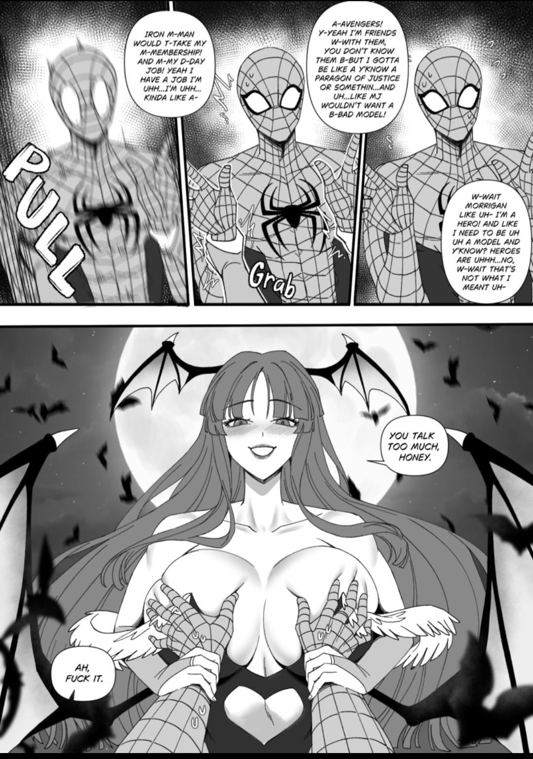 1boy, 1boy1girl, 1girls, big ass, big breasts, big thighs, breasts, breasts bigger than head, bust, busty, capcom, chest, city, crossover, curvaceous, curvy, curvy figure, darkstalkers, demon, digital media (artwork), duo, eastern and western character, female, grabbing breasts, green hair, hips, hourglass figure, huge ass, huge breasts, huge thighs, humanoid, large ass, large breasts, large thighs, legs, male, male/female, marvel, marvel comics, marvel vs. capcom, mature, mature female, mature male, morrigan aensland, peter parker, ryuukusnpaiarts, slim waist, spider-man, spider-man (series), straight, succubus, thick, thick hips, thick legs, thick thighs, thighs, voluptuous, waist, wide hips