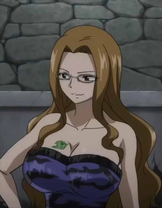 1girls arm_at_side bare_arms bare_shoulders black_eyes blue_dress breast_tattoo breasts brown_hair cleavage closed_mouth collarbone dress evergreen_(fairy_tail) fairy_tail female glasses indoors large_breasts long_hair looking_to_the_side neck sidelocks smile solo stone_wall strapless strapless_dress tattoo upper_body wall