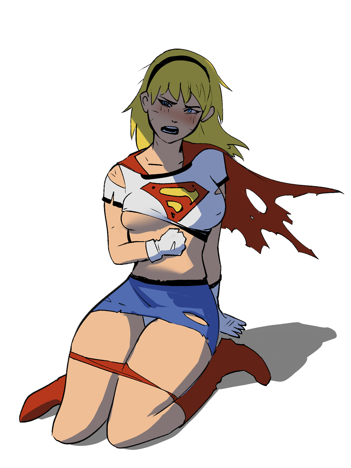 1girls, alien, alien girl, bare midriff, blonde female, blonde hair, bruised, dc comics, dcau, defeated, defeated heroine, female, female only, kara in-ze, kara zor-el, kryptonian, lardral, midriff baring shirt, miniskirt, panties, panty peek, pantyshot, revealing clothes, skirt, supergirl, supergirl (dcau), superheroine, superman (series), superman: the animated series, tight clothing, torn clothes, white background, white panties