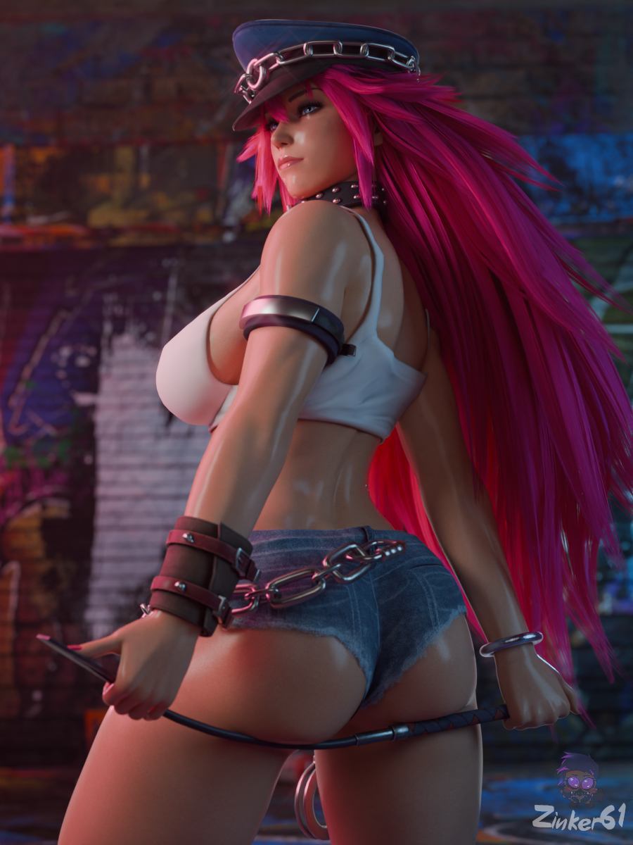 1girls, 3d, 3d (artwork), blue eyes, breasts, chains, female, female focus, female only, final fight, pink hair, pinup, poison (final fight), posing, solo, solo female, solo focus, street fighter, whip, zinker