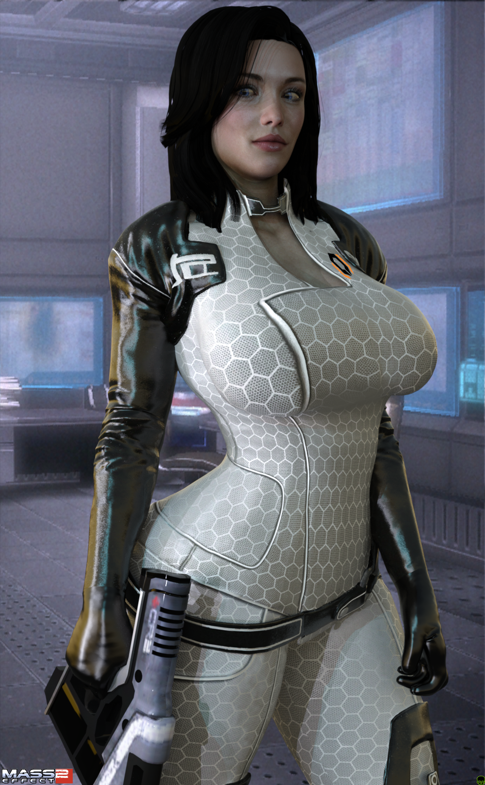 1girls 3d big_breasts black_hair blue_eyes bodysuit busty cleavage curvy detailed_background eyelashes female female_only front_view gloves gun holding_object hourglass_figure human indoor inside long_hair looking_at_viewer mass_effect miranda_lawson pose posing room shadow solo spread_legs spreading standing thick_thighs video_game video_games voluptuous weapon wide_hips xskullheadx