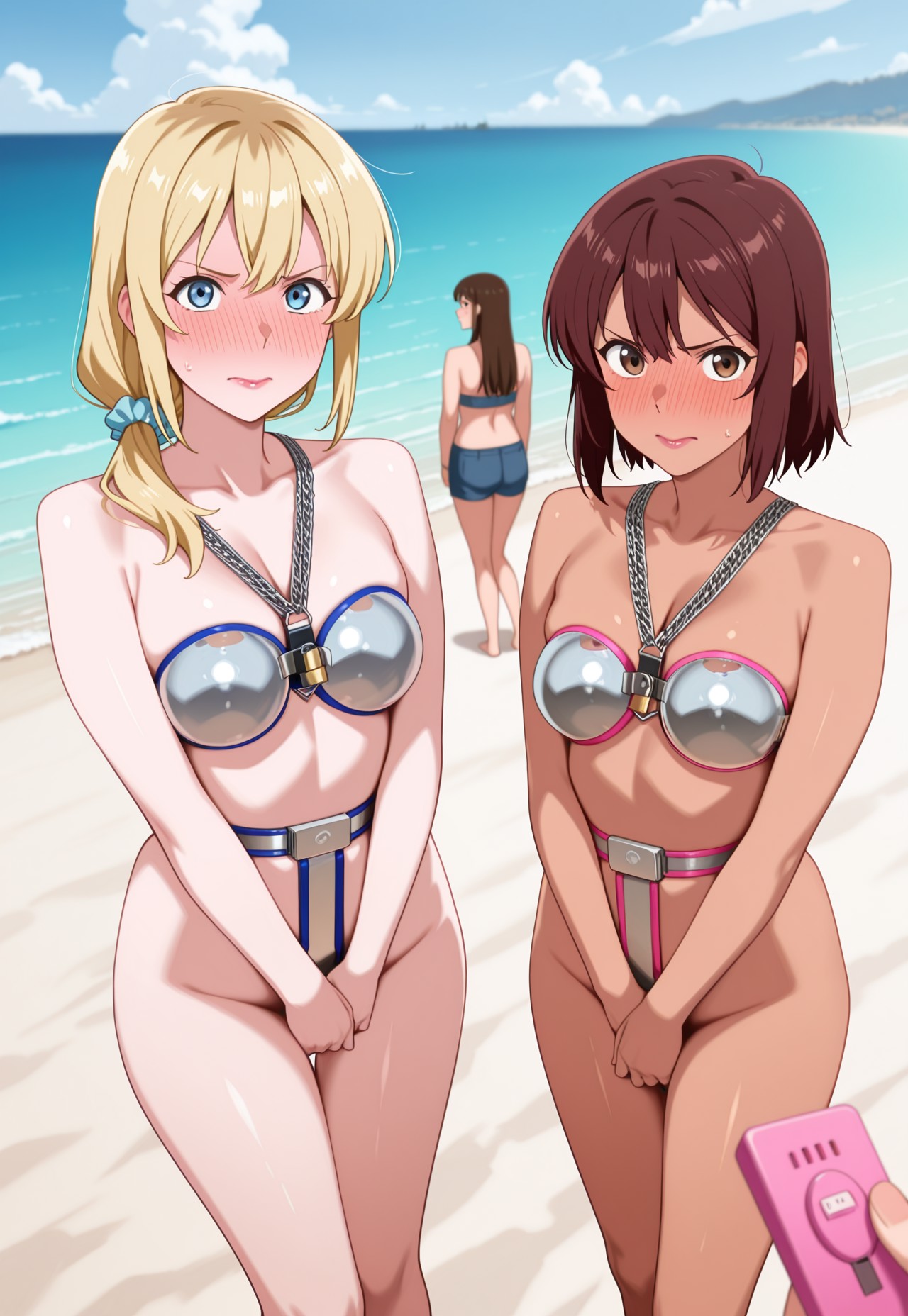3girls, ai generated, annoyed, anticipation, aroused, beach, blonde hair, blue eyes, blush, breasts, brown eyes, brown hair, chastity, chastity belt, chastity bra, chastity device, civitai, dark-skinned female, exhibitionism, female, female chastity, female only, femsub, glare, hands between legs, hands on crotch, hidden vibrator, light-skinned female, looking at viewer, madeofsteel, medium breasts, multiple females, multiple girls, nervous, ocean, orgasm denial, outdoors, pale skin, people in background, pov, public exposure, public nudity, remote control vibrator, sweat, tan-skinned female, vibrator, vibrator remote, vibrator under clothes, water, worried