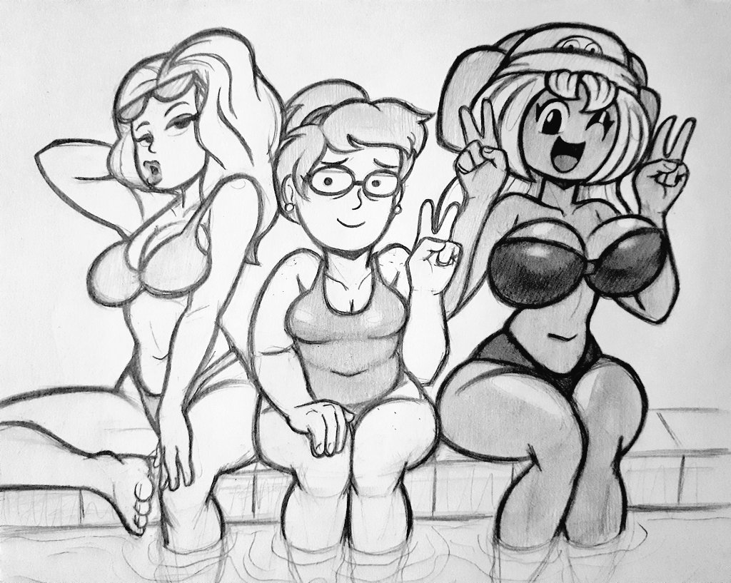3girls, big breasts, bikini, bikini bottom, bikini top, breast size difference, breasts, chubby, chubby female, dolly dimpley, earrings, hat, headphones, hourglass figure, hourglass figured female, large breasts, looking at viewer, marge simpson (smiling friends), navel, one piece swimsuit, pablosjuarez, peace sign, peace symbol, pinup, pool, poolside, pose, sketch, smiling friends, sunglasses, sunglasses on head, tagme, wink, winking at viewer, zoey (smiling friends)