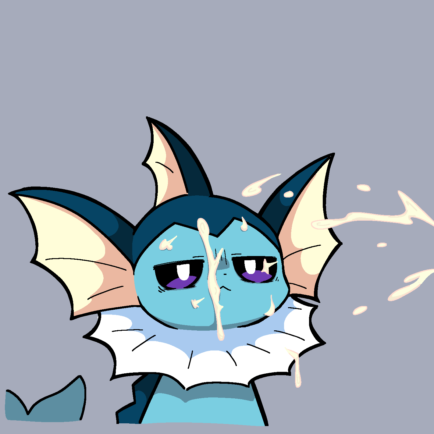 :<, 1:1, 2025, ambiguous gender, blue body, blue skin, bodily fluids, cum, cum drip, cum on face, digital media (artwork), dot nose, dripping, ear fins, eeveelution, feral, fin, frill (anatomy), generation 1 pokemon, genital fluids, grey background, head fin, hi res, messy, mouth closed, narrowed eyes, neck frill, nintendo, plumflavor, pokemon, pokemon (species), pupils, purple eyes, shaded, simple background, simple shading, solo, tail, tired eyes, vaporeon, white pupils