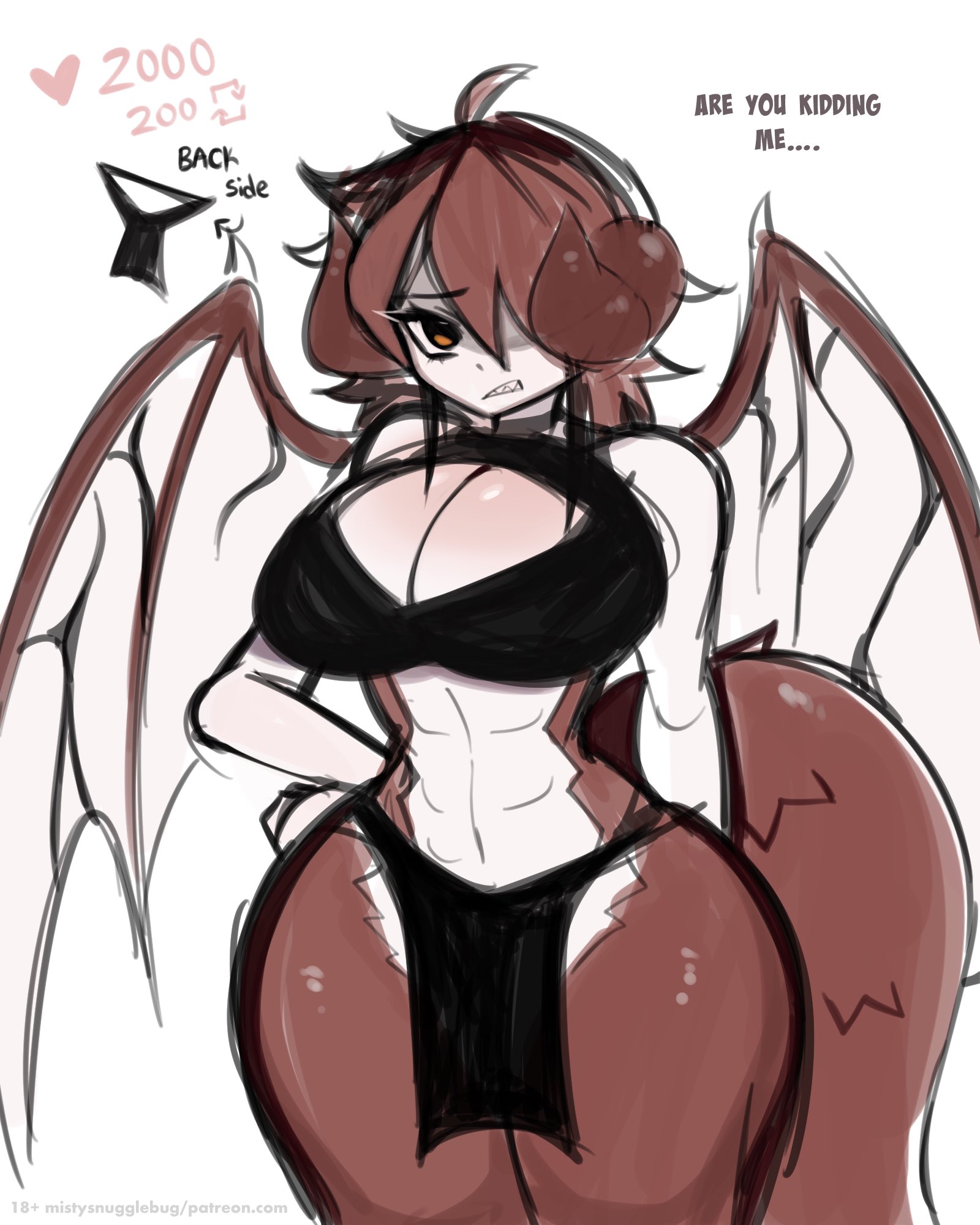 1boy1girl, 2025, arms behind back, big breasts, big thighs, boob window, breasts, brown body, brown eyes, brown hair, color, dragon girl, dragon horns, dragon tail, english text, female, hair between eyes, hi res, horns, huge breasts, light skin, light-skinned female, loincloth, looking at viewer, mistysnugglebug, oc, original, original character, partially clothed, pelvic curtain, simple background, solo, solo female, text, thick thighs, thighs, white body, wide hips, wings