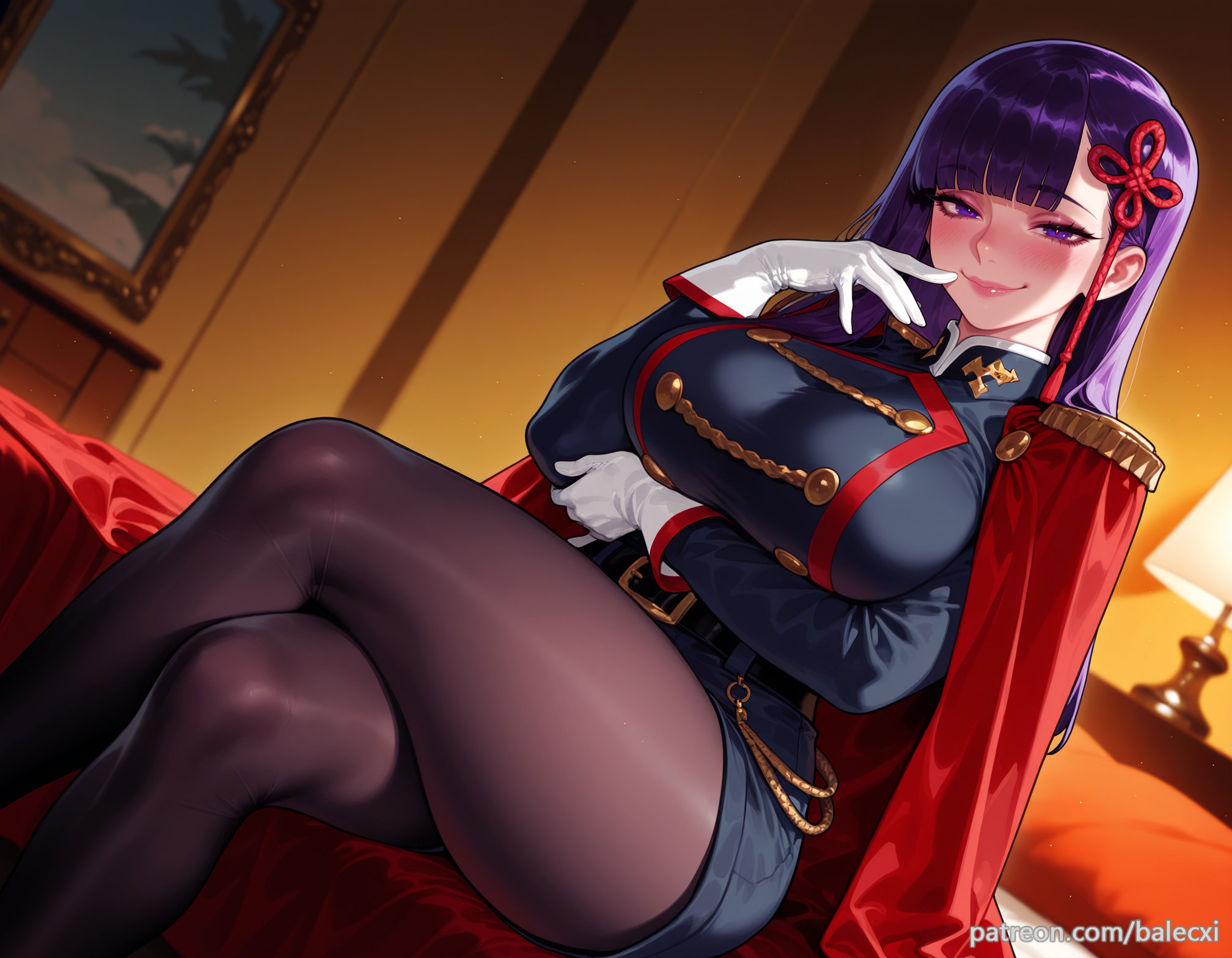 ai generated, balecxi, blush, cape, crossed legs, epaulettes, female, large breasts, long hair, looking at viewer, mato seihei no slave, pantyhose, purple eyes, purple hair, sitting, smile, solo, thighs, uniform, white gloves, yamashiro ren