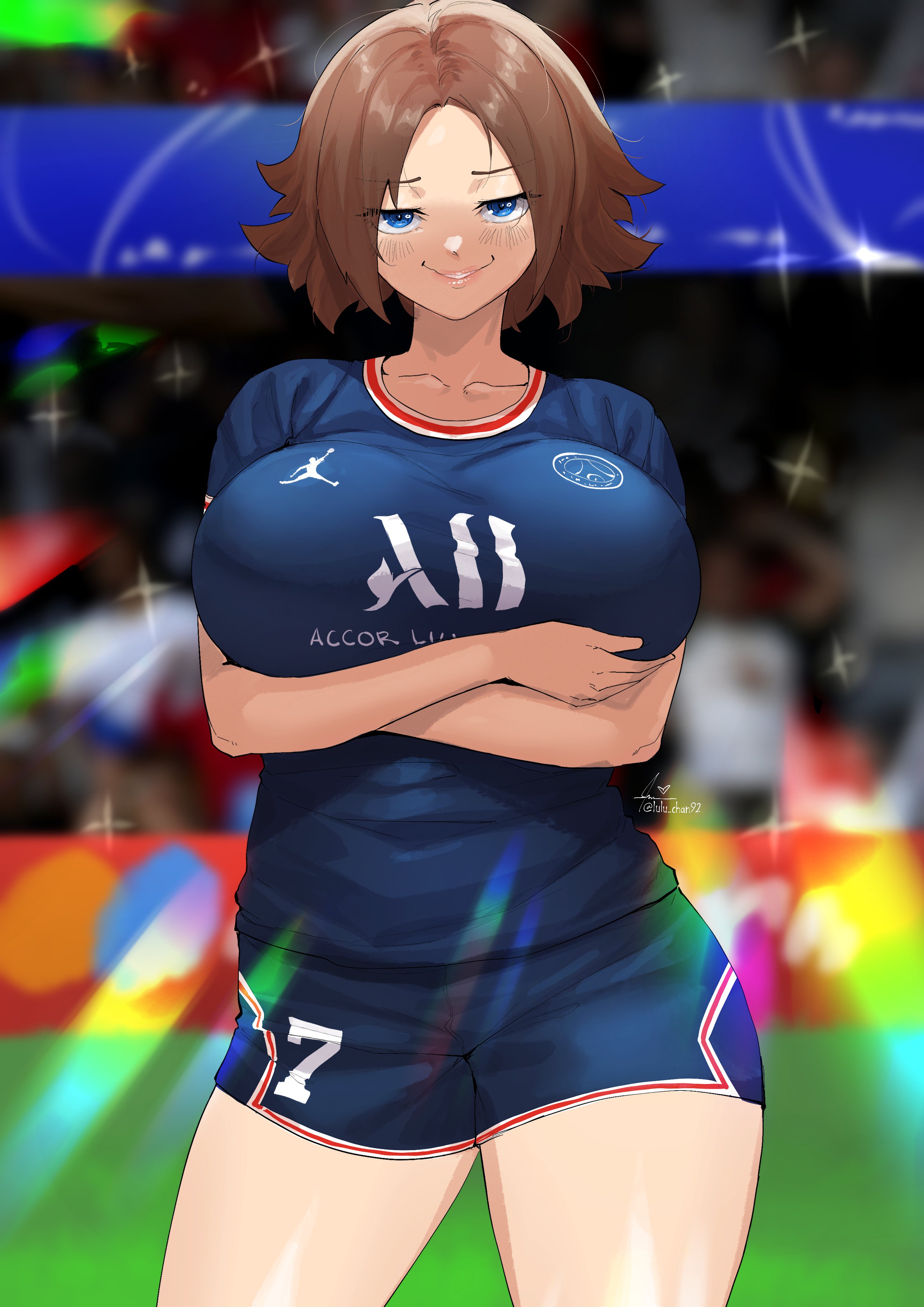 1girls, 2022, background, blue eyes, brown hair, country inc (yuric inc), france (yuric inc), french, jordan (brand), large breasts, lulu-chan92, paris saint-germain, psg, shorts, smug face, soccer, soccer uniform, thick thighs, yuric inc