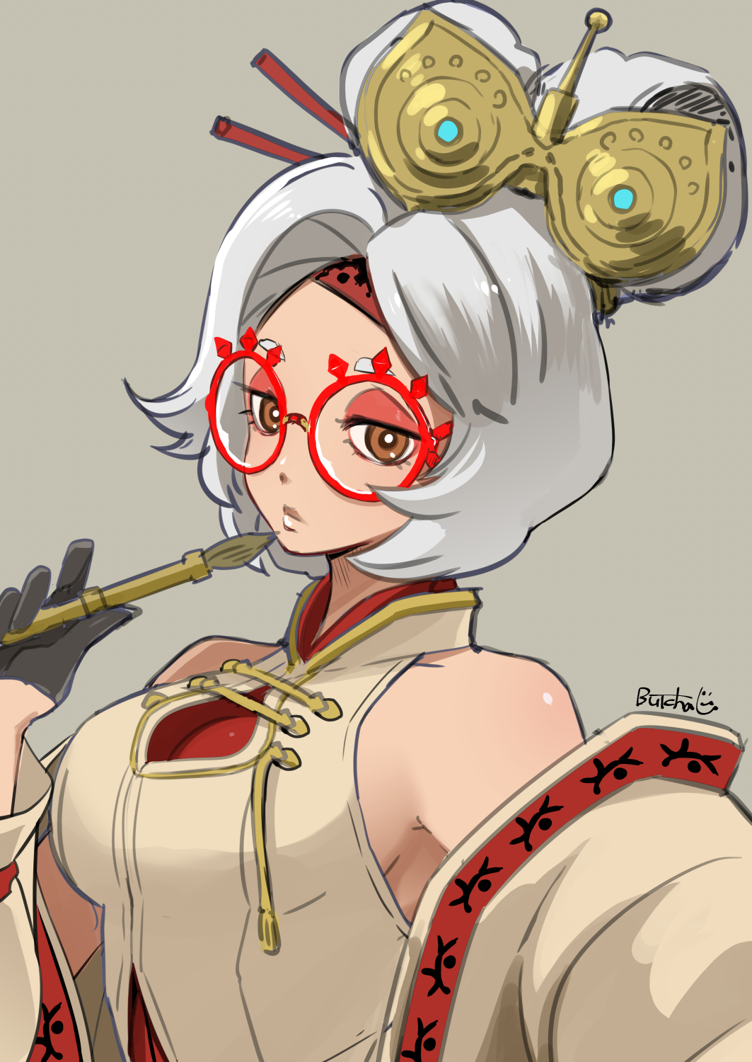1girls, 2025, 2d, 2d (artwork), artist name, bare shoulders, big breasts, breasts, brown eyes, butcha-u, cleavage, clothed, clothed female, commentary request, eyeshadow, eyewear on head, female, female only, flute, glasses, hair ornament, hair stick, highres, holding object, human, human only, large breasts, looking at viewer, makeup, nintendo, pen, purah, purah (tears of the kingdom), reaching towards viewer, red eyes, red-framed eyewear, round eyewear, selfie, sfw, sheikah, short hair, silver background, simple background, solo, solo female, tears of the kingdom, the legend of zelda, upper body, white hair