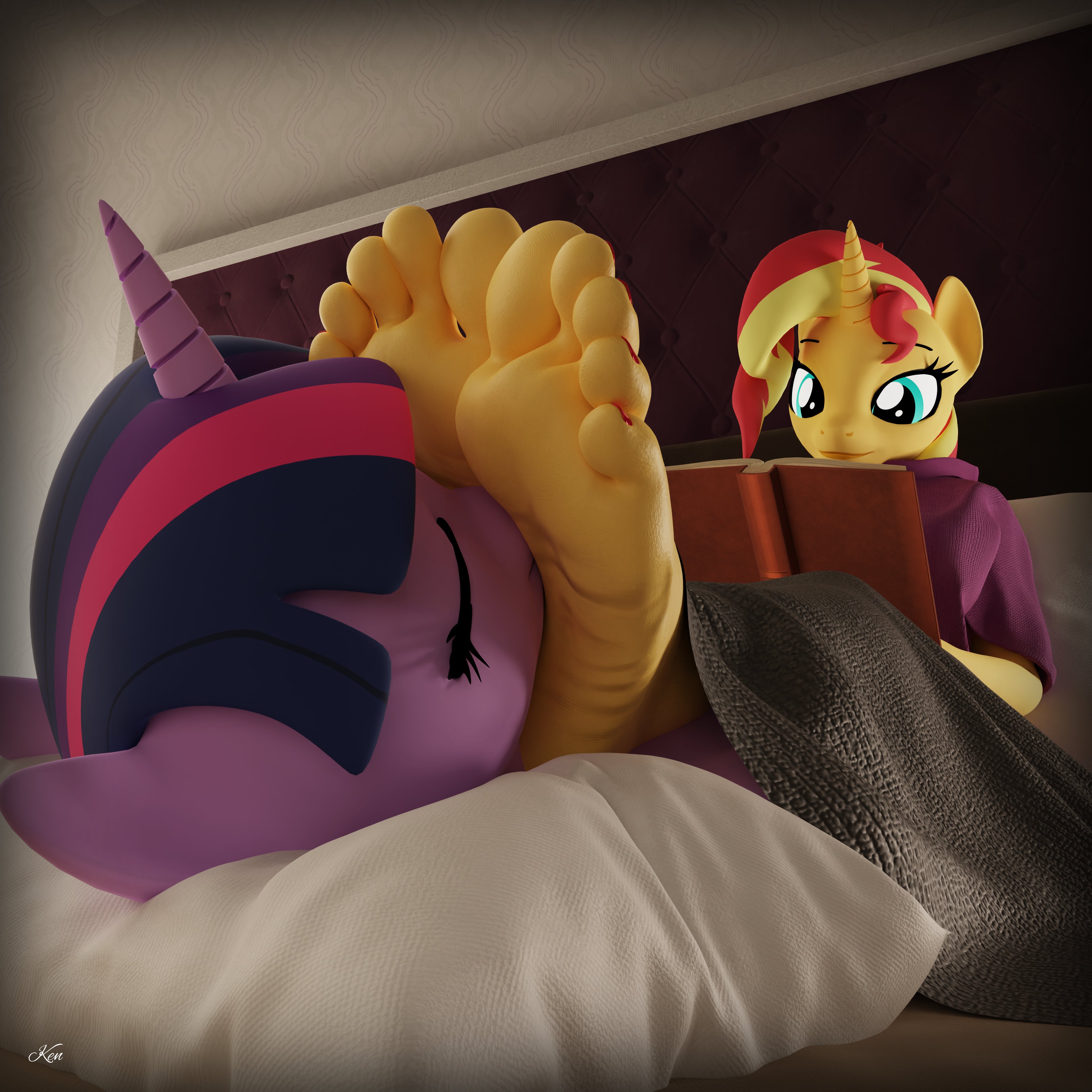 2girls, 3d, absurd res, anthro, barefoot, book, colored nails, colored toenails, digital media (artwork), duo, equestria girls, equid, equine, feet, female, female only, female/female, foot fetish, foot focus, foot on face, friendship is magic, furry, hasbro, hi res, horn, humanoid, kenuwu, mammal, my little pony, nails, reading, reading book, sunset shimmer, toenails, toes, twilight sparkle (mlp), unicorn, yuri