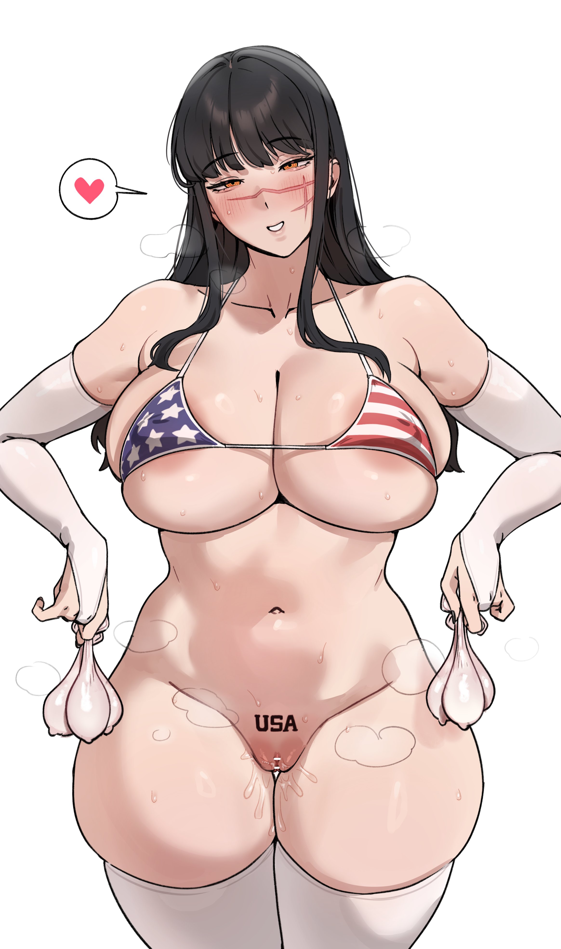 1girls, 5t (artist), american flag, american flag bikini, areola slip, asian, asian female, bikini, black hair, chainsaw man, condom, demon, demon girl, devil, devil girl, female, flag bikini, heroine, holding used condom, japanese female, light skin, light-skinned female, micro bikini, mitaka asa, nipple bulge, pubic tattoo, ringed eyes, scar, scar on face, simple background, spiral eyes, swimsuit, thick thighs, thighhighs, used condom, white background, white thighhighs, wide hips, yoru (chainsaw man)