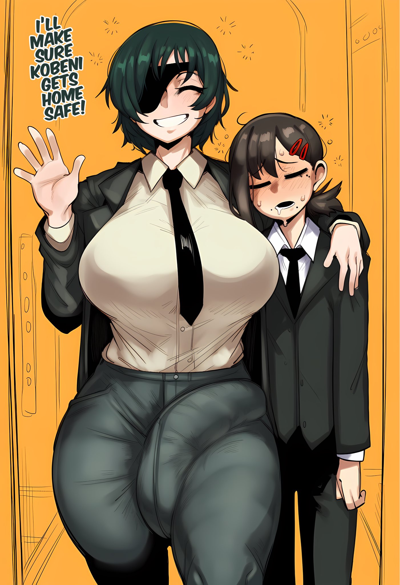 ai generated, big ass, big breasts, big dick, big nipples, big penis, big thighs, black hair, black patch, black suit, blush, blushing female, brown hair, chainsaw man, closed eyes, donbeboys, drunk, drunk female, drunk sex, english text, futanari, happy female, happy sex, higashiyama kobeni, himeno (chainsaw man), huge breasts, large breasts, large butt, large penis, open mouth, small breasts, smaller female, speech bubble, taller futa