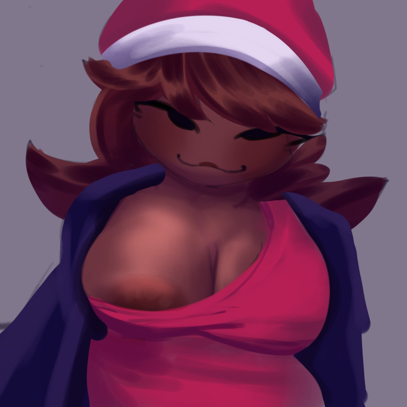 big breasts, breasts peeking out of shirt, cleavage, cleavage focus, clothed, clothes lift, clothing, cute, dark nipples, dark skin, dark-skinned female, empayada, friday night funkin, girlfriend (friday night funkin), hat, hypnos lullaby, large breasts, long hair, lullaby girlfriend (fnf redesign), nipple peek, showing breasts, showing nipple, smile, smiling at viewer, solo
