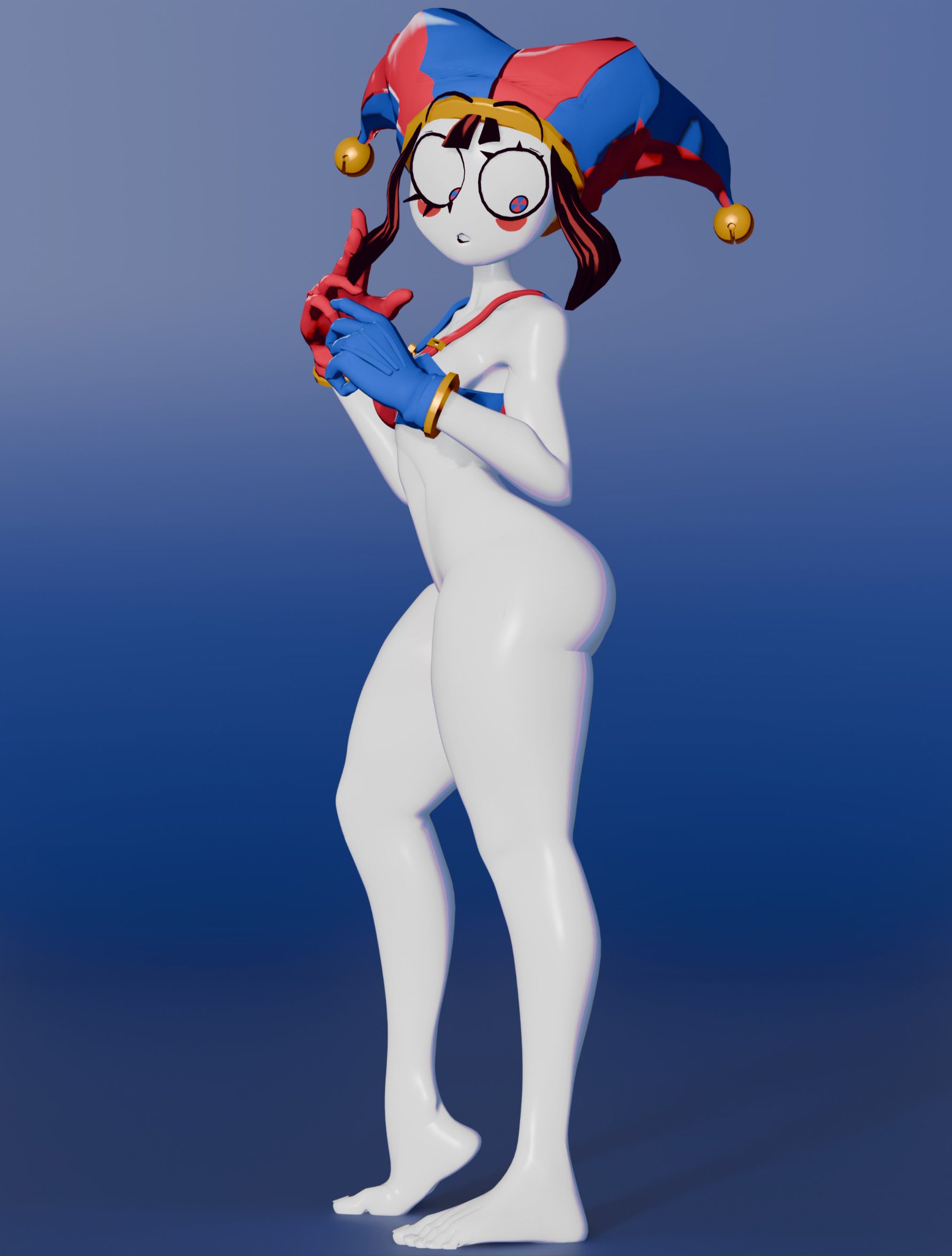 1girls, 3d, 3d (artwork), ass, barefoot, big ass, bikini, bikini top, bikini top only, blush, blush stickers, boozeshroom, bottomless, bottomless female, brown hair, brown hair female, clown, clown girl, clussy, eyebrows raised, feet, female, female focus, female only, from side, full body, glistening body, glitch productions, gloves, jester, jester hat, legs, looking back, looking back at another, looking back at ass, mostly nude, mostly nude female, multicolored eyes, open mouth, pale skin, pale skin female, pale-skin, pale-skinned female, partially clothed, partially clothed female, pomni (dorfloor3), pomni (the amazing digital circus), raised eyebrows, shiny, shiny skin, solo, solo focus, standing, the amazing digital circus, toes, watermark, white body, wide eyed