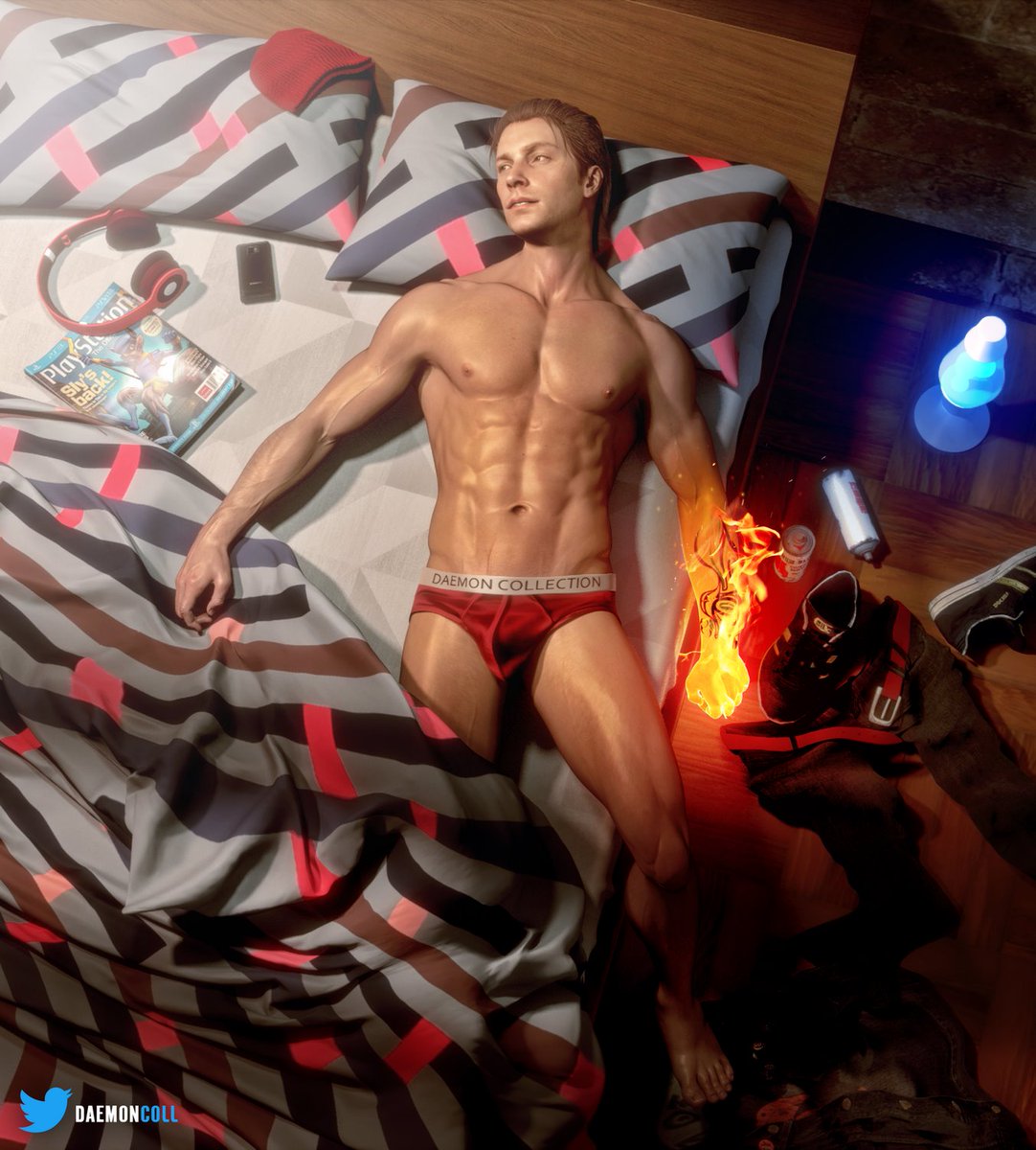 1boy 3d abs daemoncollection delsin_rowe flames infamous:_second_son infamous_(series) lava_lamp male male_only muscle on_bed pants penis red_underwear selfie solo source_filmmaker sucker_punch_productions tattoo underwear underwear_only