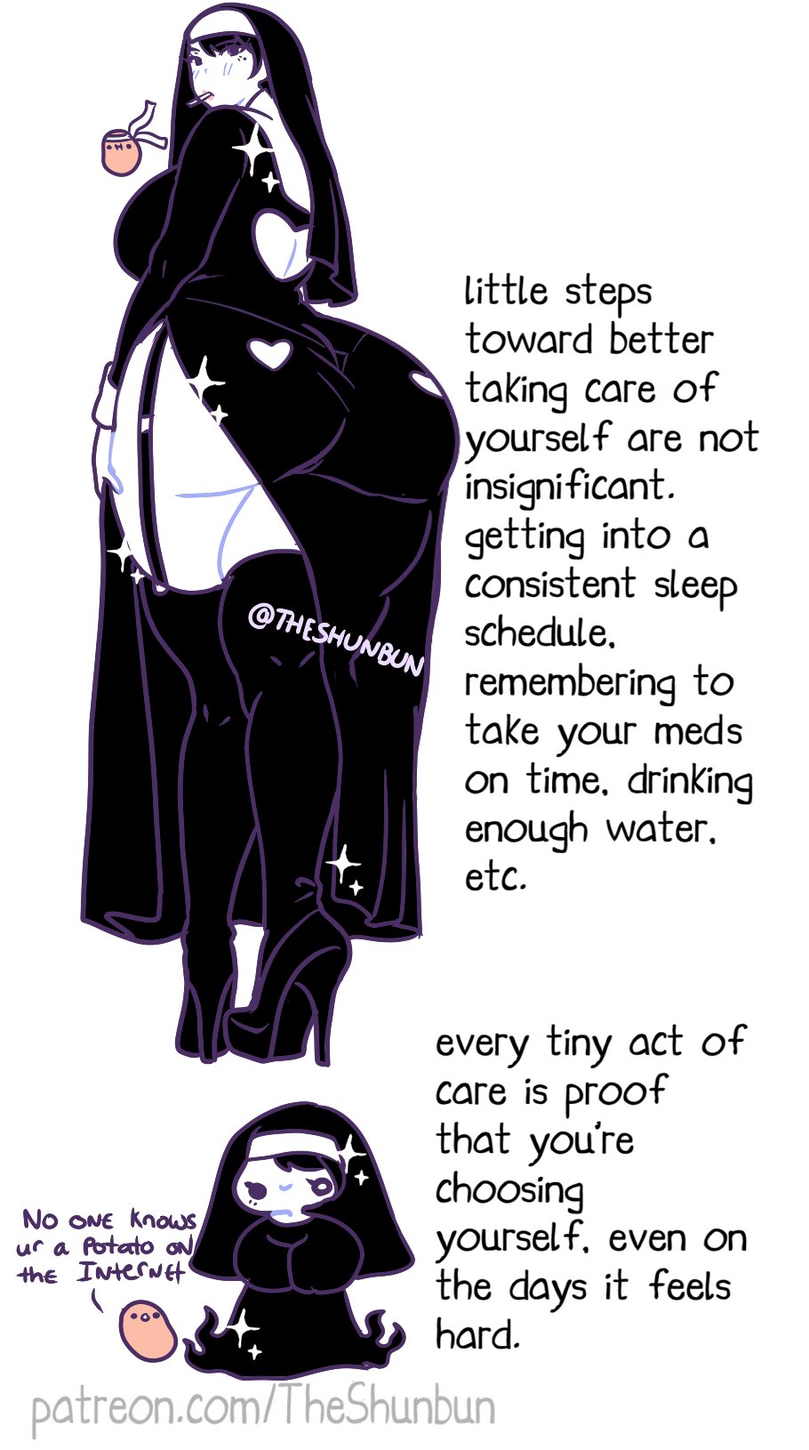 advice, chibi, curvy, gigantic ass, huge breasts, kawaii potato, nun outfit, nun's habit, original, original character, patreon, signature, theshunbun, thick ass, thick thighs, voluptuous, wide hips