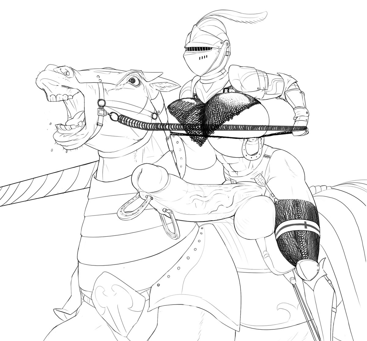 abs, aka6, armor, breasts, futanari, horse, huge breasts, huge cock, intersex, monochrome, muscular, muscular futa, penis, penis piercing, screaming, solo futa, thick thighs