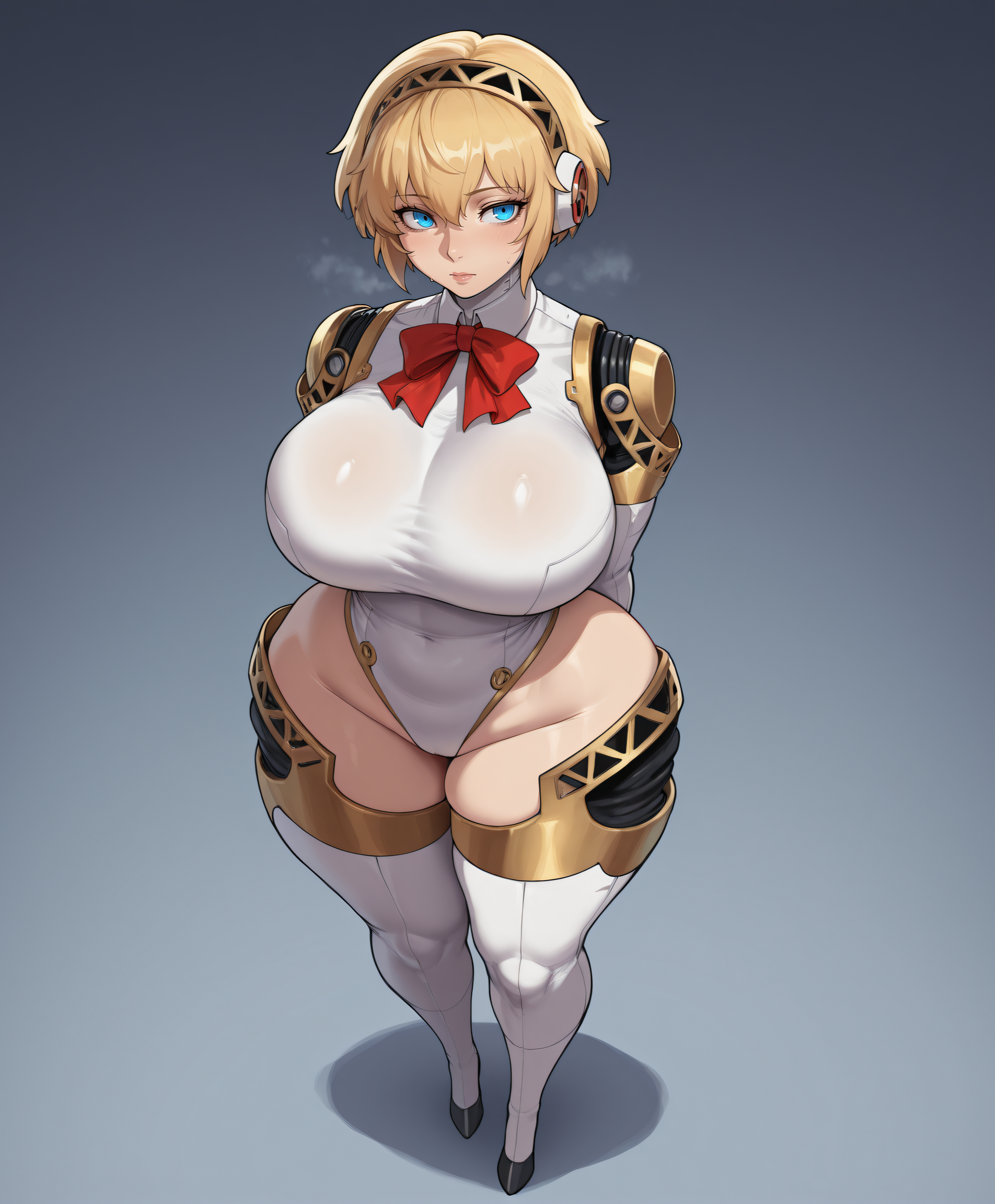 2025, ai generated, aigis (persona), android, armor, arms behind back, belly, belly button, big breasts, blonde hair, blue eyes, blush, breasts, female, female focus, female only, headgear, hi res, huge breasts, leotard, light skin, light-skinned female, lips, looking away, narrow waist, persona, persona 3, short hair, smogai, solo, solo female, solo focus, standing, thick, thick hips, thick legs, thick thighs, thighhighs, thighs, voluptuous, voluptuous body, voluptuous female, wide hips