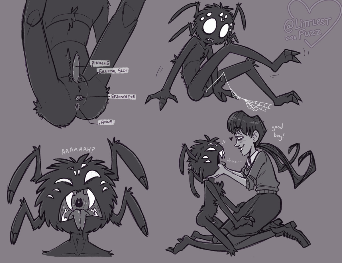 2 toes, 2024, 3 fingers, adult (lore), age difference, animal genitalia, anthro, anus, arachnid, arm tuft, arthropod, arthropod webbing, ass, bangs, biped, black body, black fur, black hair, blank eyes, bodily fluids, boots, bottomwear, chest tuft, claws, clothed, clothed female, clothed human, clothed human nude anthro, clothed/nude, clothing, crotch tuft, diagram, dialogue, digital drawing (artwork), digital media (artwork), don't starve, don't starve (series), drooling, duo, elbow tuft, empty eyes, erection, fangs, feet, female, female on anthro, finger claws, finger in mouth, fingers, footwear, forked tongue, fur, genital fluids, genital slit, genitals, good boy, grey background, greyscale, hair, head arms, human, human on anthro, interspecies, klei entertainment, knee tuft, kneeling, larger female, larger human, leaking precum, leg grab, leg tuft, lidded eyes, lips, littlestfuzz, long hair, looking at another, looking at partner, male, male on human, male/female, mammal, mawplay, monochrome, mouth shot, multi eye, multiple poses, narrowed eyes, nude, nude anthro, nude male, older female, older human, open mouth, pale skin, penis, plantigrade, pose, precum, saliva, shoes, simple background, sitting, size difference, skinny anthro, skinny male, skirt, smaller anthro, smaller male, smile, spider, spinneret, spread legs, spreading, squint, submissive, submissive anthro, submissive male, sweater, tapering penis, teeth, thigh grab, toe claws, toes, tongue, tongue out, topwear, tuft, twintails, uvula, webber, willow (don't starve), young, young male, younger anthro