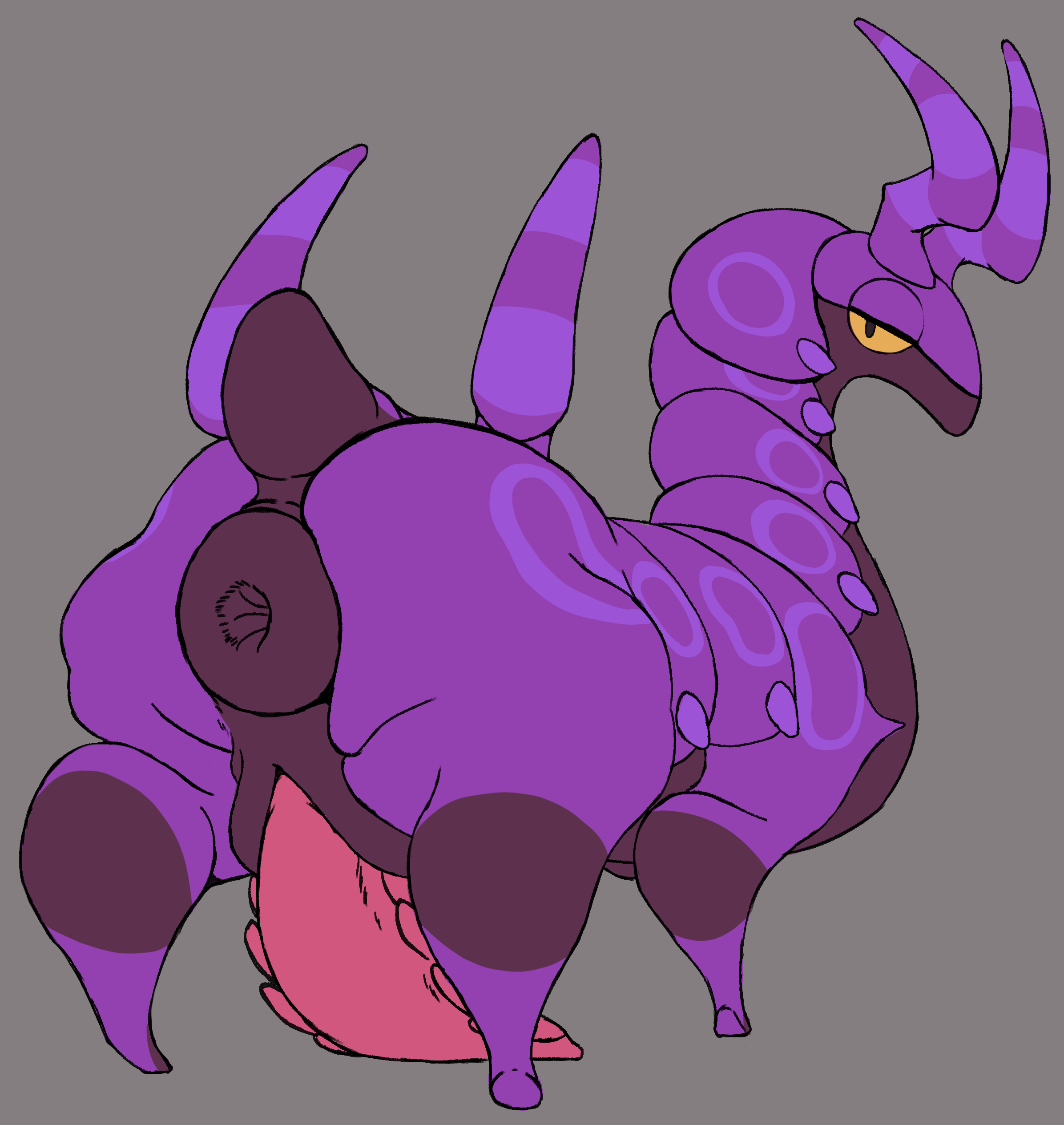 2020, absurd res, all fours, anus, ass, big anus, big ass, big butt, feral, generation 5 pokemon, genitals, hi res, horn, huge ass, huge butt, looking back, male, male only, nintendo, penis, pokemon, pokemon (species), puffy anus, purple body, purple skin, scolipede, simple background, solo, tail, tapering penis, taro (taro), xxthegreyfoxxx, yellow eyes