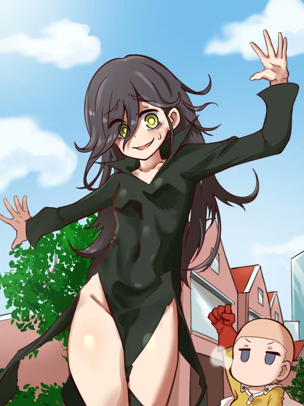 bags_under_eyes belly_button_visible_through_clothing breasts dark_eyes eyebags hips kuma4342 kuroki_tomoko nervous no_panties petite small_breasts sweat sweatdrop tatsumaki_(cosplay) thick_thighs thighs watashi_ga_motenai_no_wa_dou_kangaetemo_omaera_ga_warui!