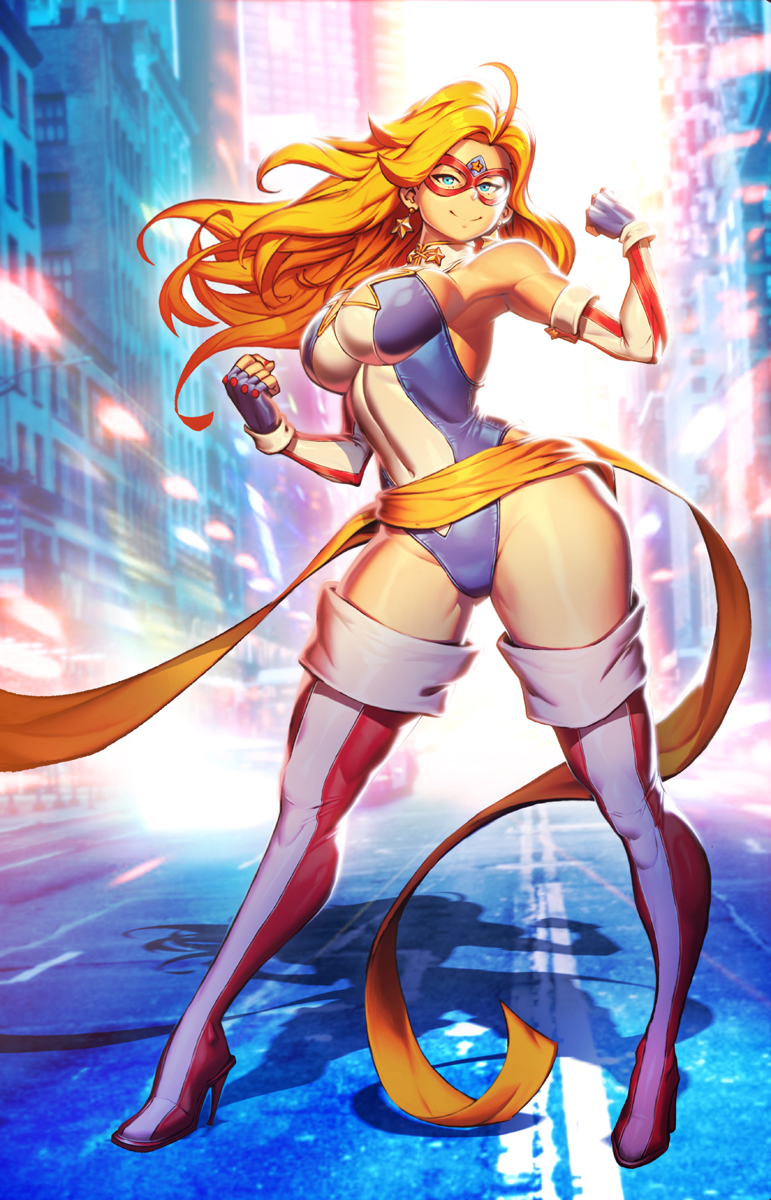 1girls big_breasts blonde_hair blue_eyes breasts charlotte_vanders comic_cover female_focus female_only female_superhero kamen_america kamen_america_(character) kamen_america_(series) long_hair masked ninjaink superhero superheroine tagme thick_thighs thighs tight_clothing tight_fit