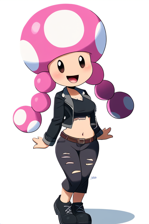 aged_up ai_generated alternate_costume female_focus happy jacket jeans mario_(series) mushroom_humanoid navel nintendo novelai open_mouth pink_hair simple_background super_mario_bros. toadette twin_braids voluptuous_female white_background