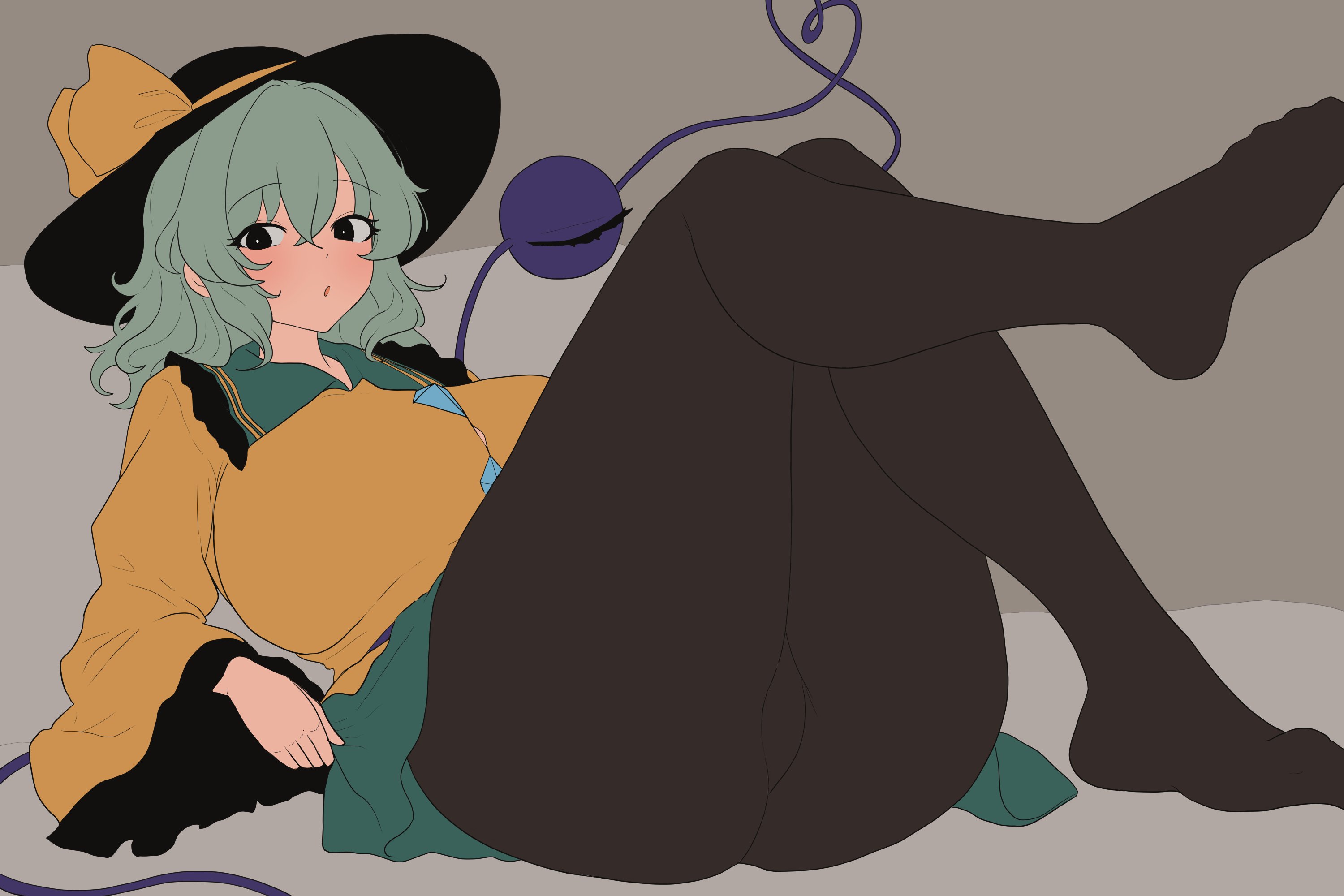 1girl, black hat, bow, breasts, disembodied linked eye, female, female only, green hair, green skirt, grey background, hat, highres, huge breasts, koishi komeiji, komeiji koishi, looking at viewer, moriforest1040, pantyhose, shirt, simple background, skirt, solo, thighs, touhou, yellow bow, yellow shirt