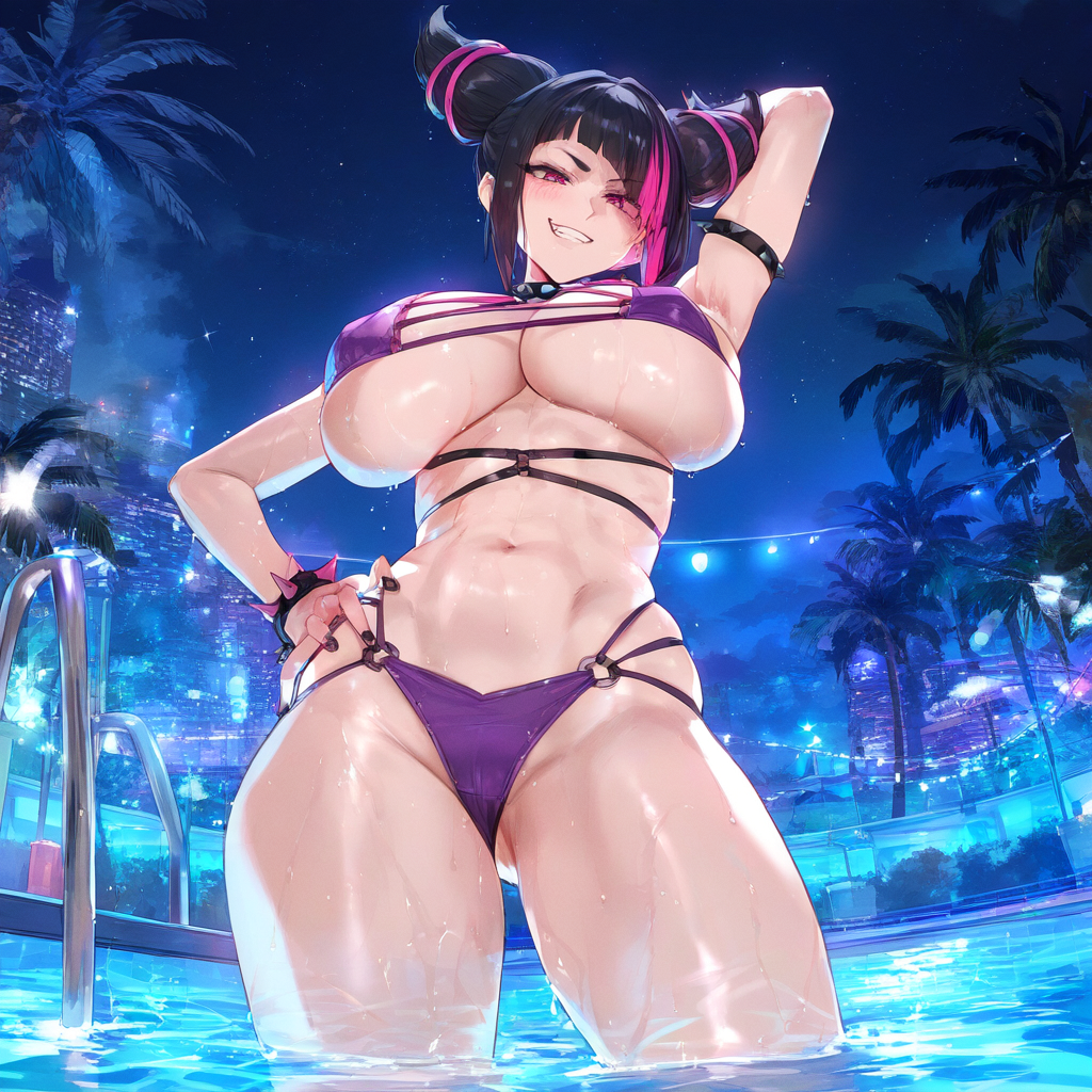 1girls ai_generated arm_behind_head armpits asymmetrical_bangs bangs bikini black_hair black_nails bracelet breasts capcom cleavage clothed collar eyelashes female hair_horns hand_on_hip huge_breasts in_pool juri_han looking_at_viewer looking_down low-angle_view multi-strapped_bikini nail_polish night oppai-love outdoors palm_tree pink_eyes pink_hair pool purple_bikini shiny_skin sidelocks smile smirk solo spiked_bracelet spiked_collar stars streaked_hair street_fighter street_fighter_6 thick_thighs two_tone_hair underboob wet wet_skin