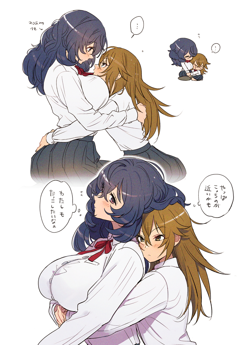 ... 2girls 404no2929 :< black_hair black_skirt blush breasts brown_eyes brown_hair chibi closed_mouth hug hug_from_behind large_breasts long_hair looking_at_another miya_(404no2929) multiple_girls original pleated_skirt school_uniform shion_(404no2929) simple_background skirt speech_bubble spoken_ellipsis thought_bubble white_background yuri