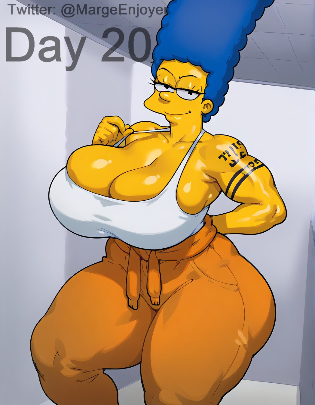 1girls 20th_century_fox 20th_century_studios ai_generated big_ass big_breasts hair_blue huge_ass huge_breasts marge_simpson margeenjoyer milf prison prison_clothes prison_uniform prisoner self_upload solo tattoo tattoos the_simpsons thick_thighs yellow_skin