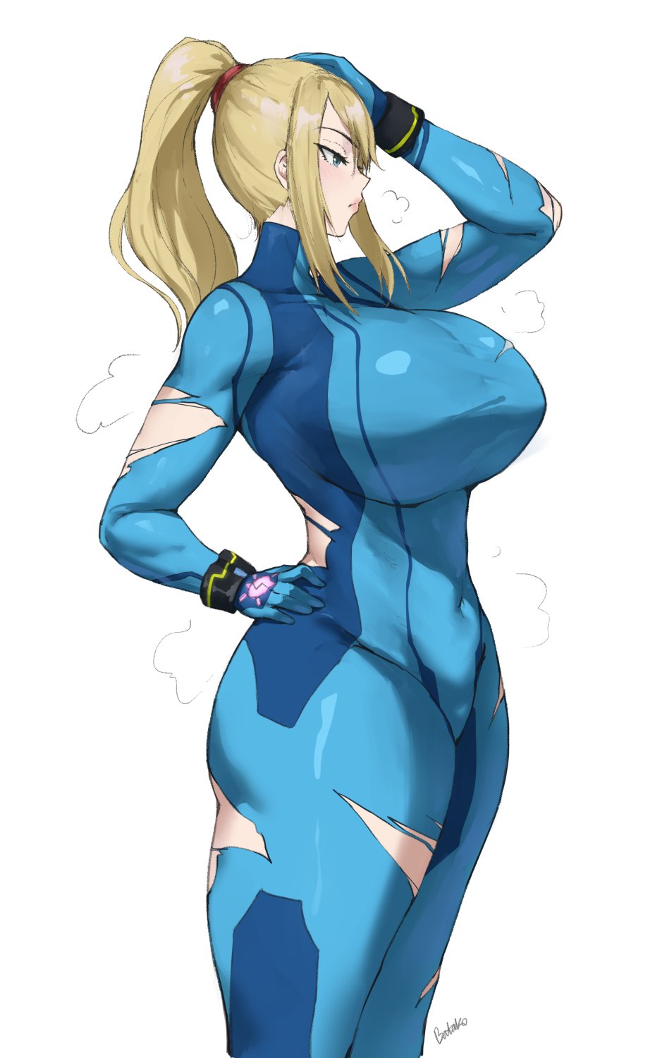 1girls alternate_breast_size arm_up artist_name batako batako_(batakoart) blonde_hair blue_eyes breasts commentary covered_navel female from_side hand_on_own_head hand_on_own_hip highres large_breasts metroid ponytail samus_aran sidelocks simple_background skin_tight solo swept_bangs thick_thighs thighs torn_clothes white_background wristband zero_suit