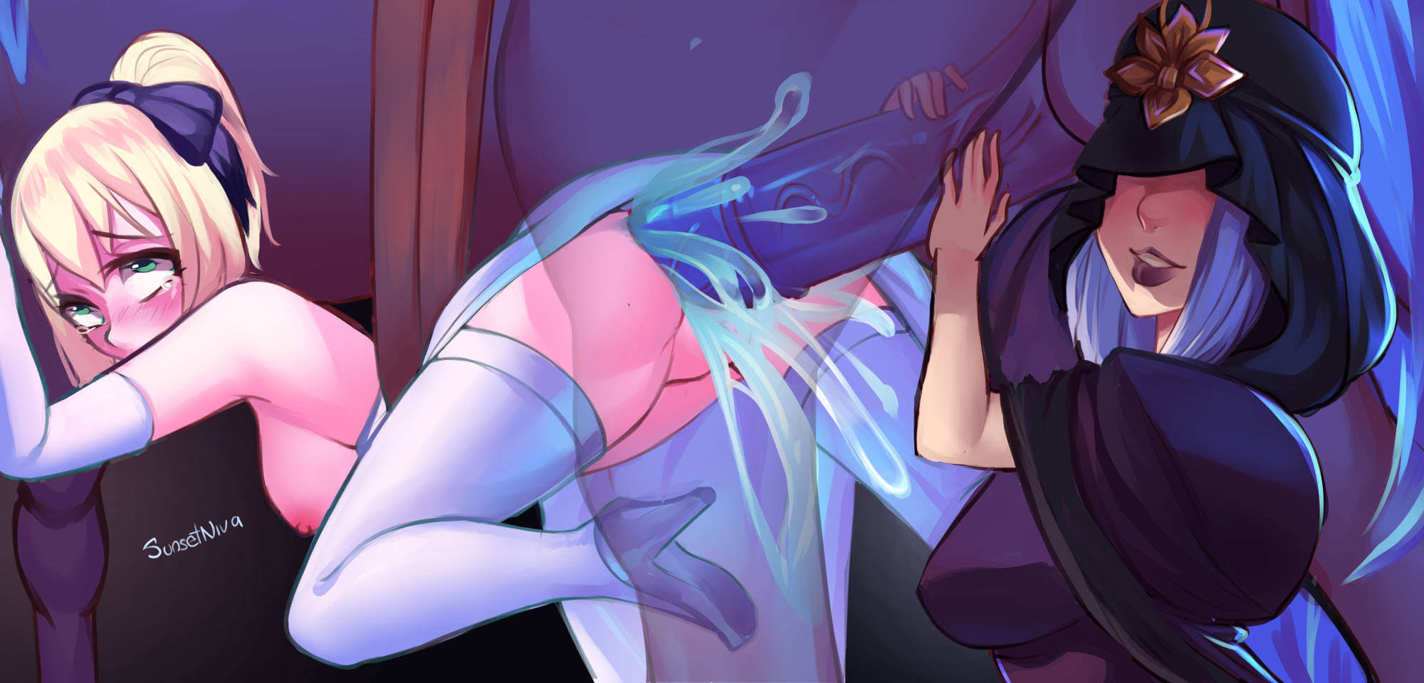 2girls, anal, anal sex, anus, areolae, artoria pendragon, ass, breasts, cum, cum in ass, cum inside, erection, fate (series), fate/stay night, female, horse, horsecock, huge cock, male, medea (fate), nipples, penetration, penis, pussy, saber, sex, straight, sunsetniva, thighhighs, zoophilia