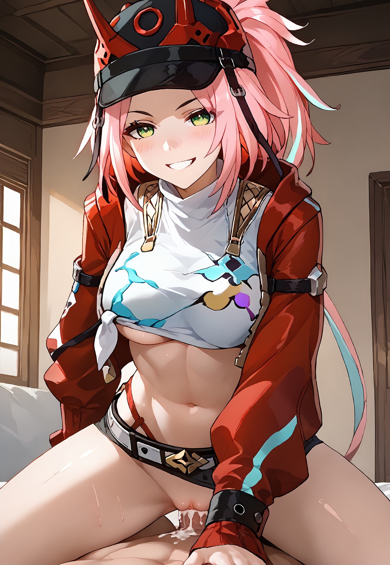 ai generated, cowgirl position, cum in pussy, female, green eyes, honkai: star rail, pink hair, pussy, rappa (honkai: star rail), sex, smile, smug