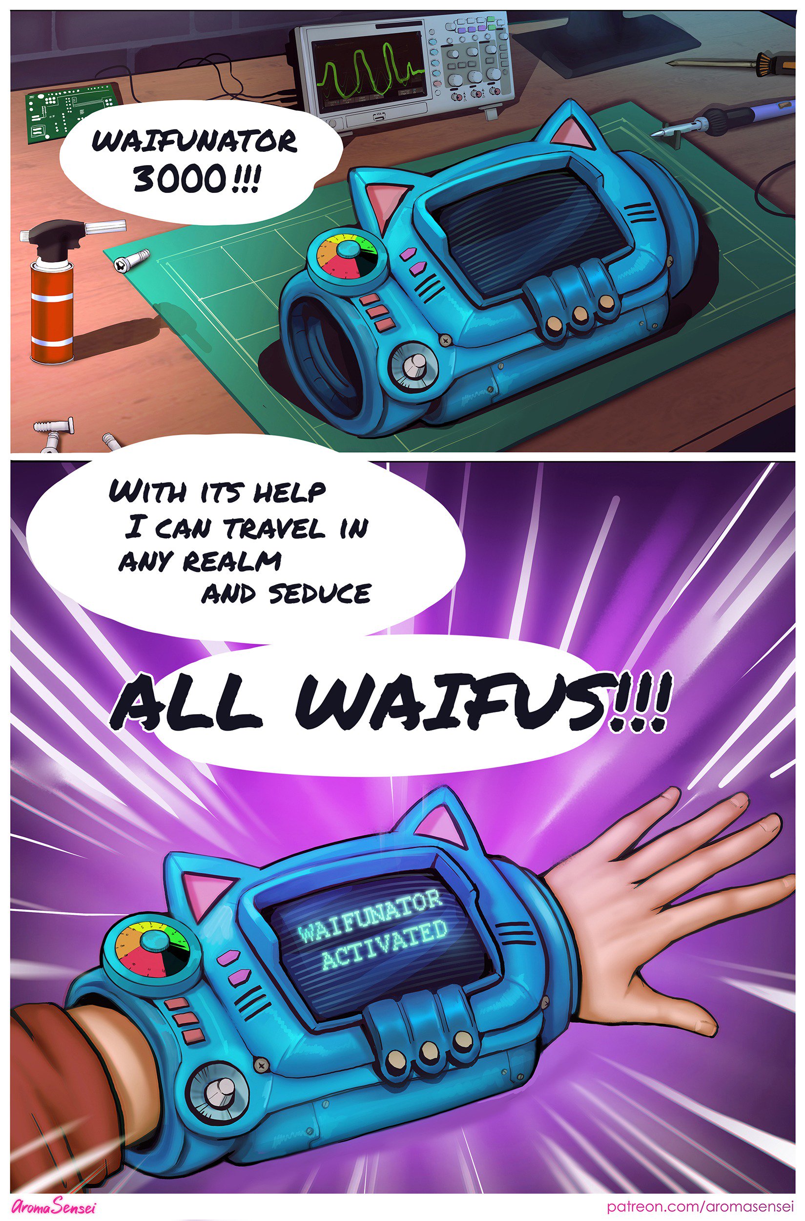 aroma sensei, comic, faceless male, male, solo, speech bubble, text, waifunator 3000