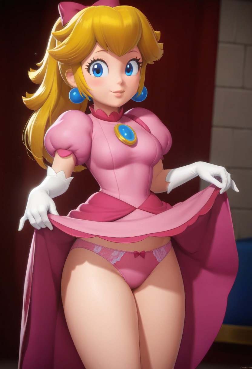 1girls ai_generated blonde_hair blue_earrings blue_eyes blush dress dress_lift earrings looking_at_viewer mario_(series) panties pink_dress pink_panties princess_peach princess_peach:_showtime! solo solo_female solo_focus thick_thighs thighs underwear