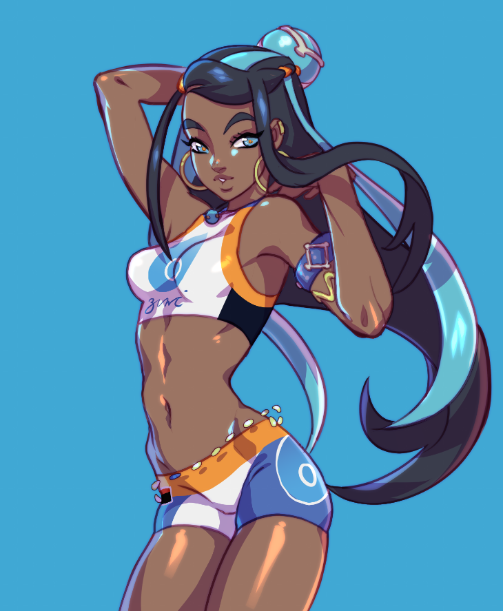 aqua_hair arm_behind_head armband armlet armpits belly_chain bikini black_hair blue_background blue_eyes blue_eyeshadow blue_hair bra breasts clothing cowboy_shot crop_top dark-skinned_female dark_skin earrings eyeshadow female female female_only gloves hair_bun hair_flip hand_in_own_hair hoop_earrings jewelry kukumomo lips long_hair looking_at_viewer makeup midriff multicolored_hair navel necklace nessa_(pokemon) pokemon pokemon_(game) pokemon_sword_&amp;_shield shorts simple_background single_hair_bun small_breasts solo sports_bra sportswear swimsuit tankini thighs tied_hair two-tone_hair very_long_hair